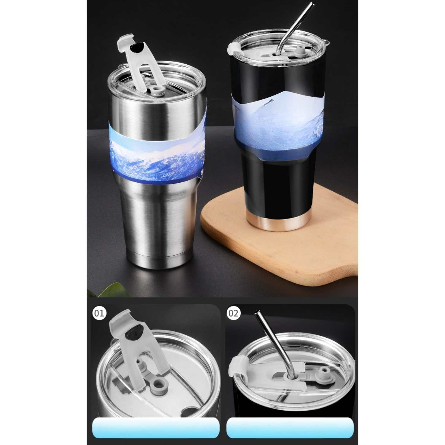 Zwei Becher mit Bergmotiv, einer silbern, einer schwarz. Nahaufnahme der Deckel.