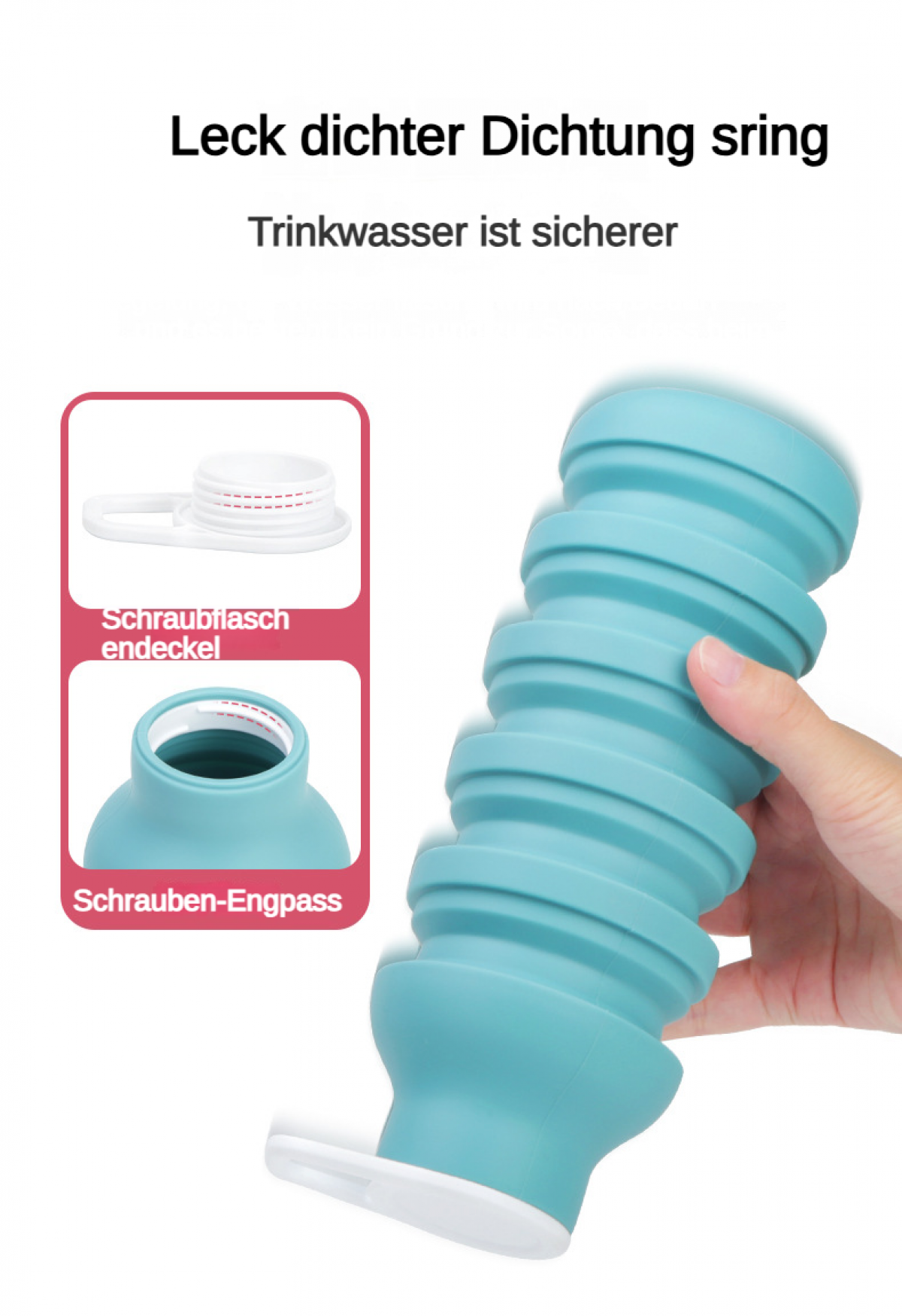 Eine Person hält eine türkisfarbene, faltbare Flasche. Details zeigen den Deckel.