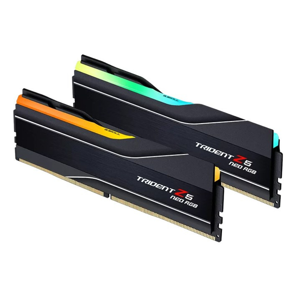 Dwa czarne moduły RAM G.Skill Trident Z5 Neo RGB z pomarańczowym i zielonym podświetleniem.