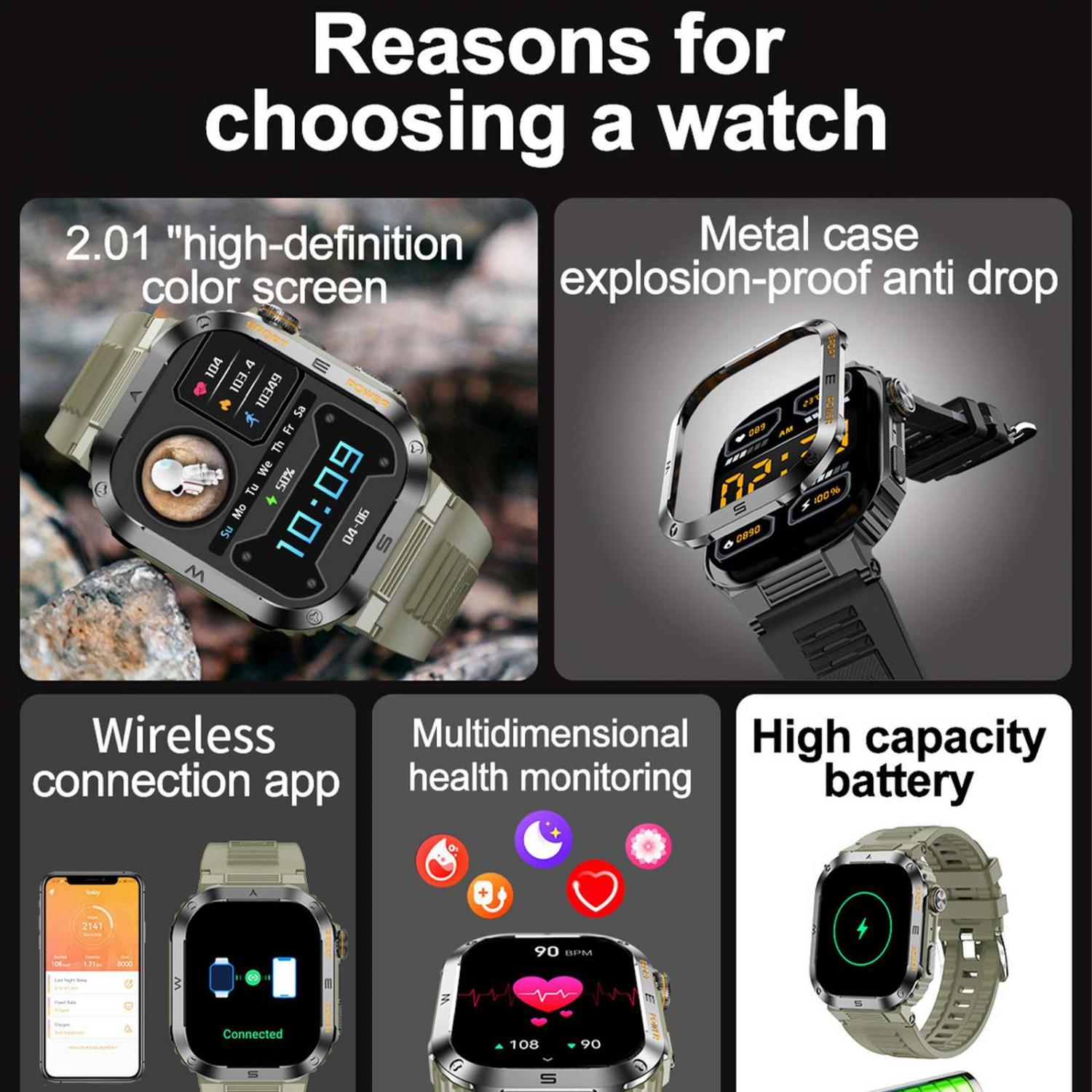 Smartwatch-Funktionen: HD-Bildschirm, Metallgehäuse, App-Verbindung, Gesundheitsüberwachung, langer Akku.