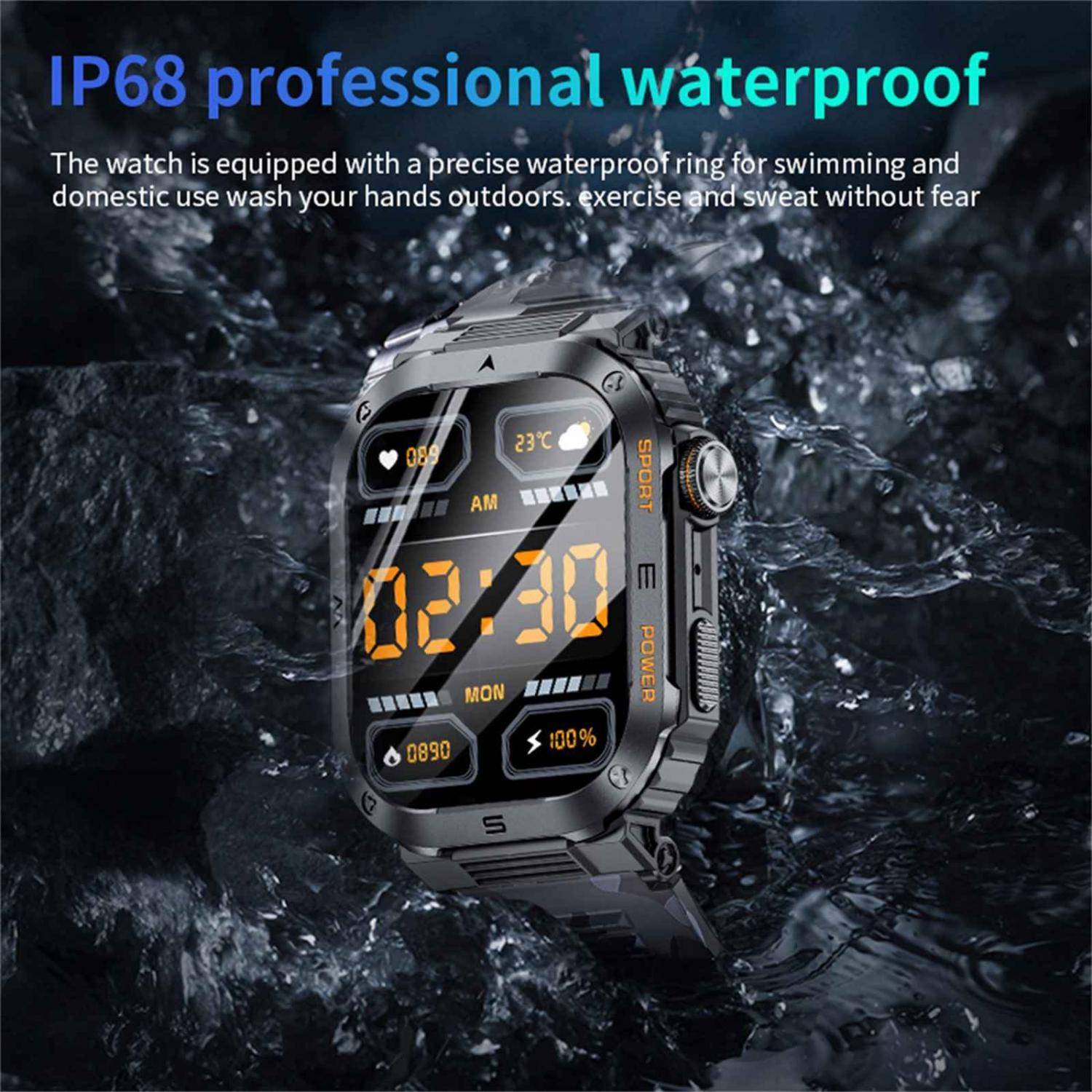 Graue Smartwatch mit "SPORT" und "POWER" Beschriftung im Wasser.