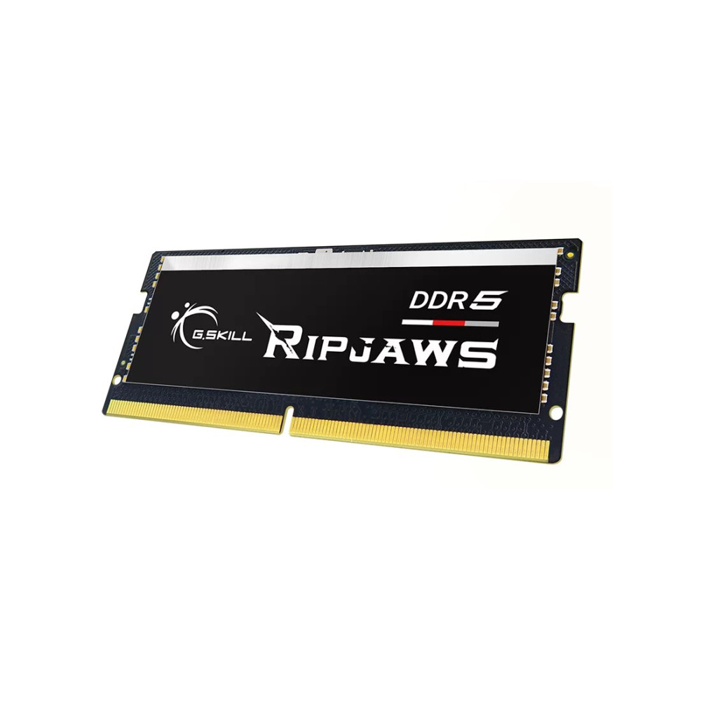Moduł RAM G.Skill Ripjaws DDR5 z czarnym PCB i złotymi stykami.