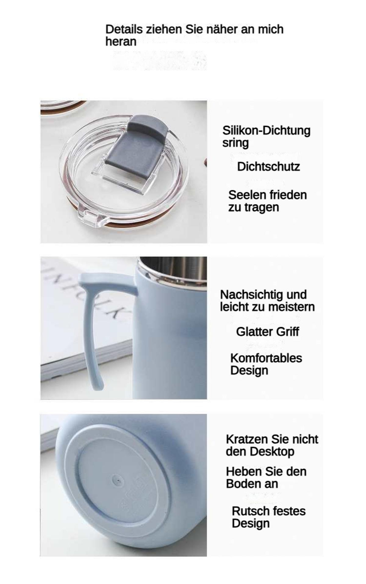 Nahaufnahme einer blauen Tasse mit Griff und Dichtung.