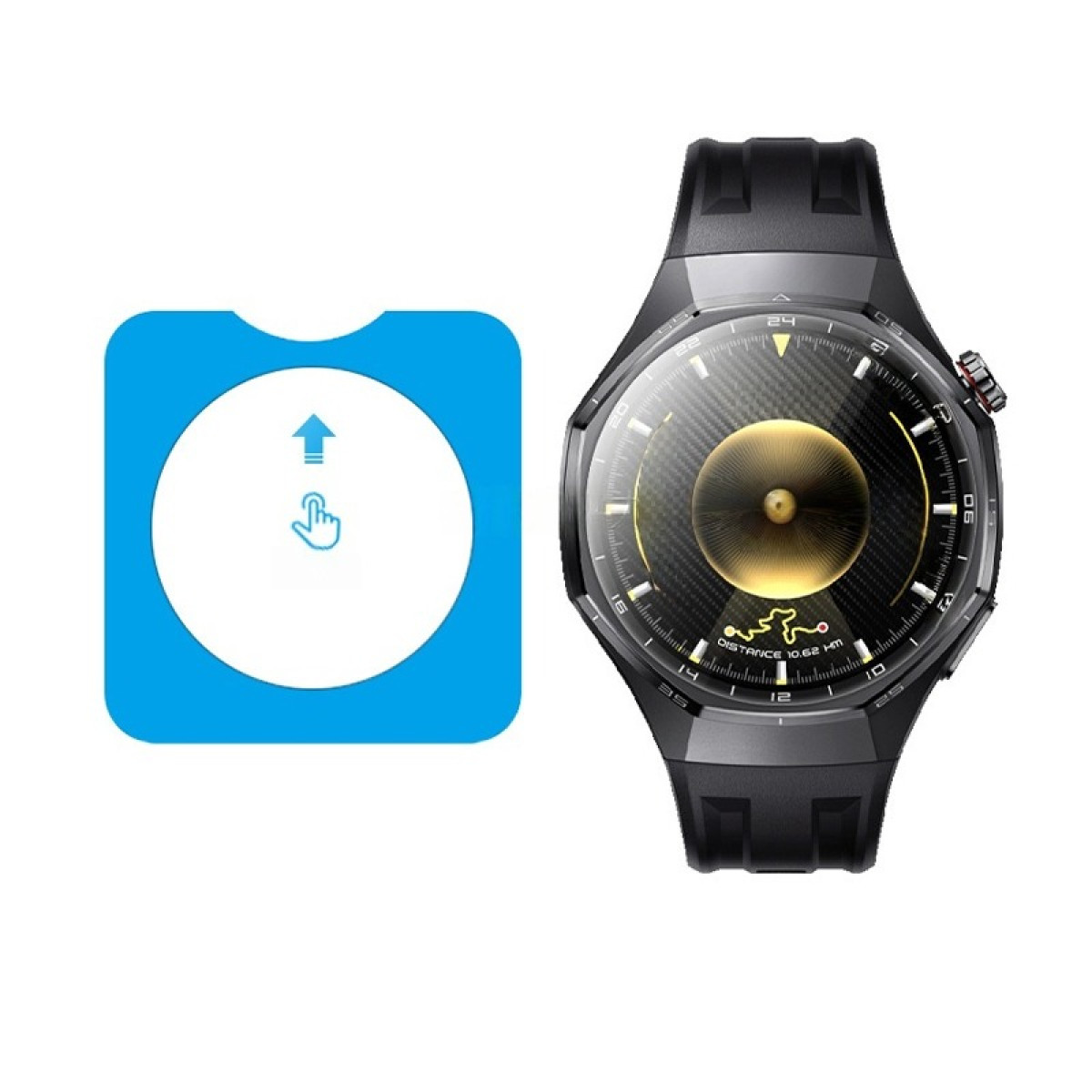 Schwarze Smartwatch neben einem blauen Quadrat mit Pfeil und Hand-Symbol.