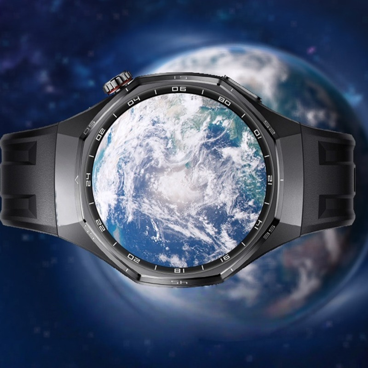 Eine Smartwatch zeigt den Planeten Erde auf ihrem Bildschirm, vor kosmischem Hintergrund.