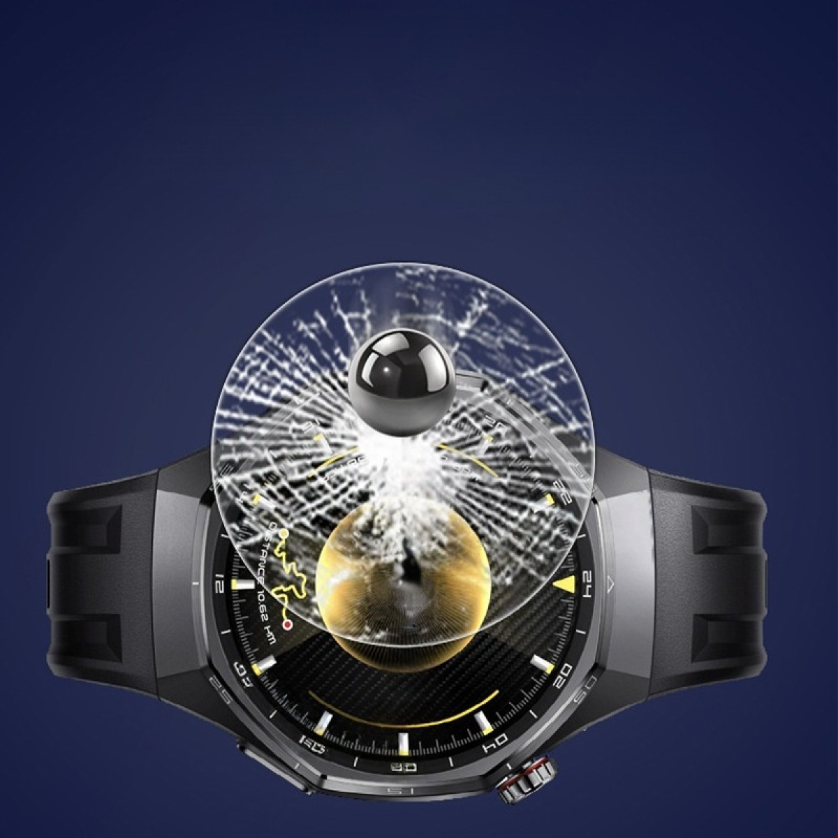 Eine Smartwatch mit rissigem Glasbildschirm, die eine 3D-Karte und eine dunkle Kugel zeigt.