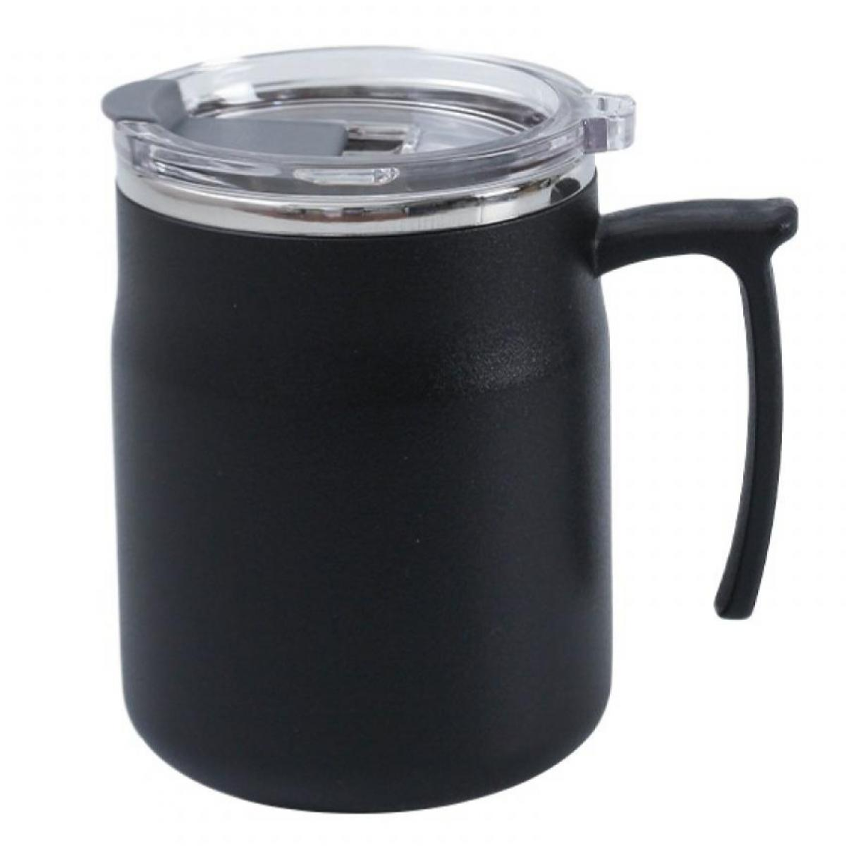 Schwarzer Thermobecher mit Griff und transparentem Deckel.