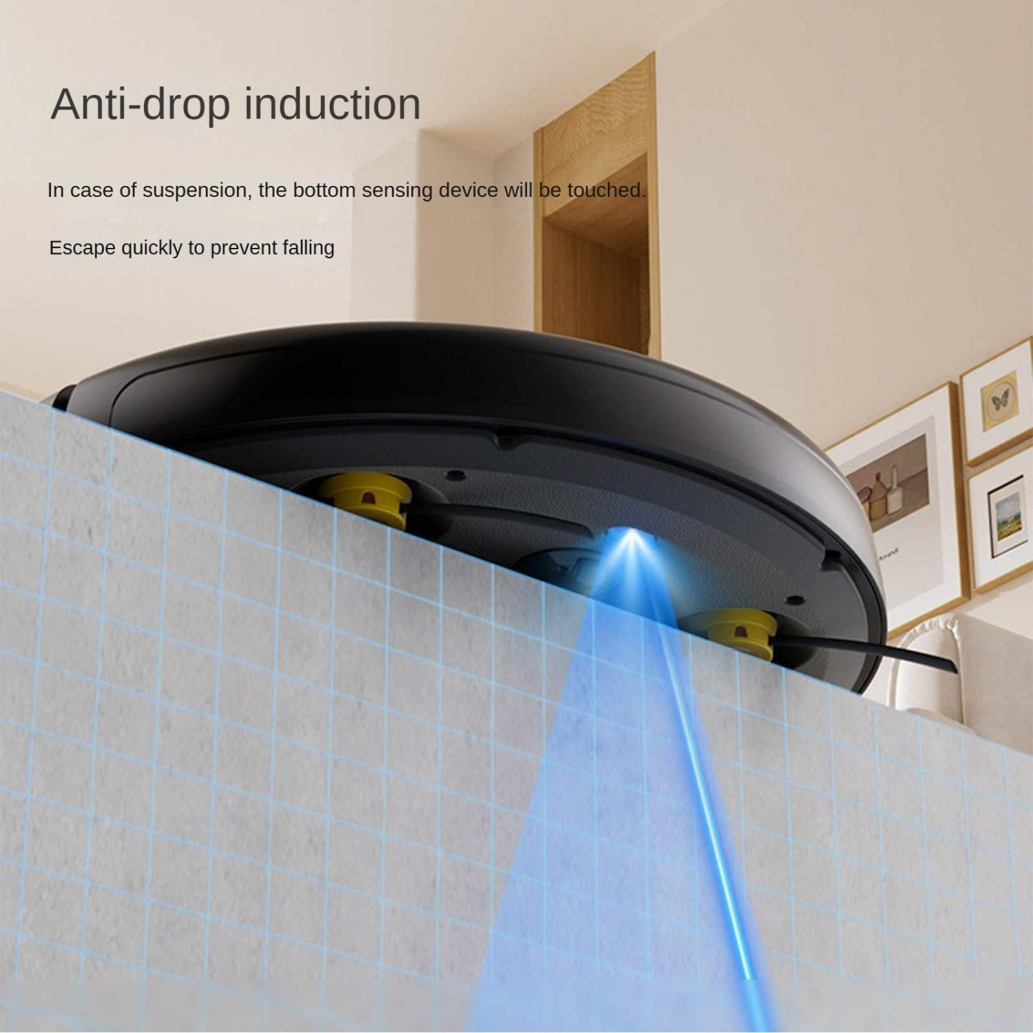 Ein Saugroboter mit Anti-Drop-Induktion fährt am Rand einer Kante entlang.