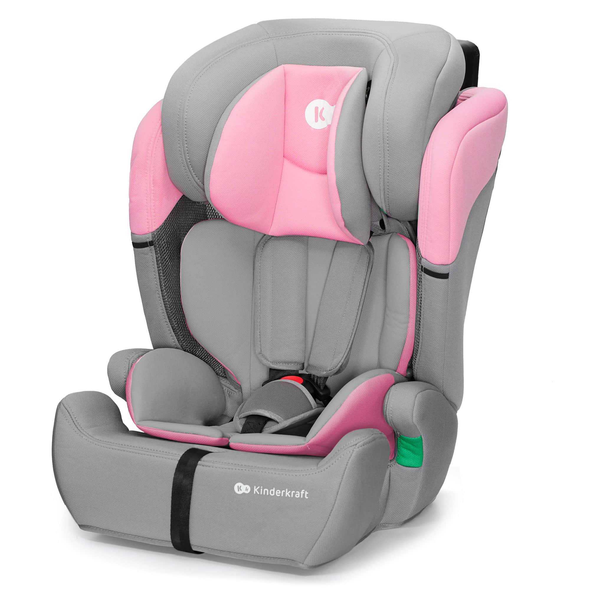 Grauer Kindersitz mit rosa Akzenten, verstellbare Kopfstütze und Gurte.