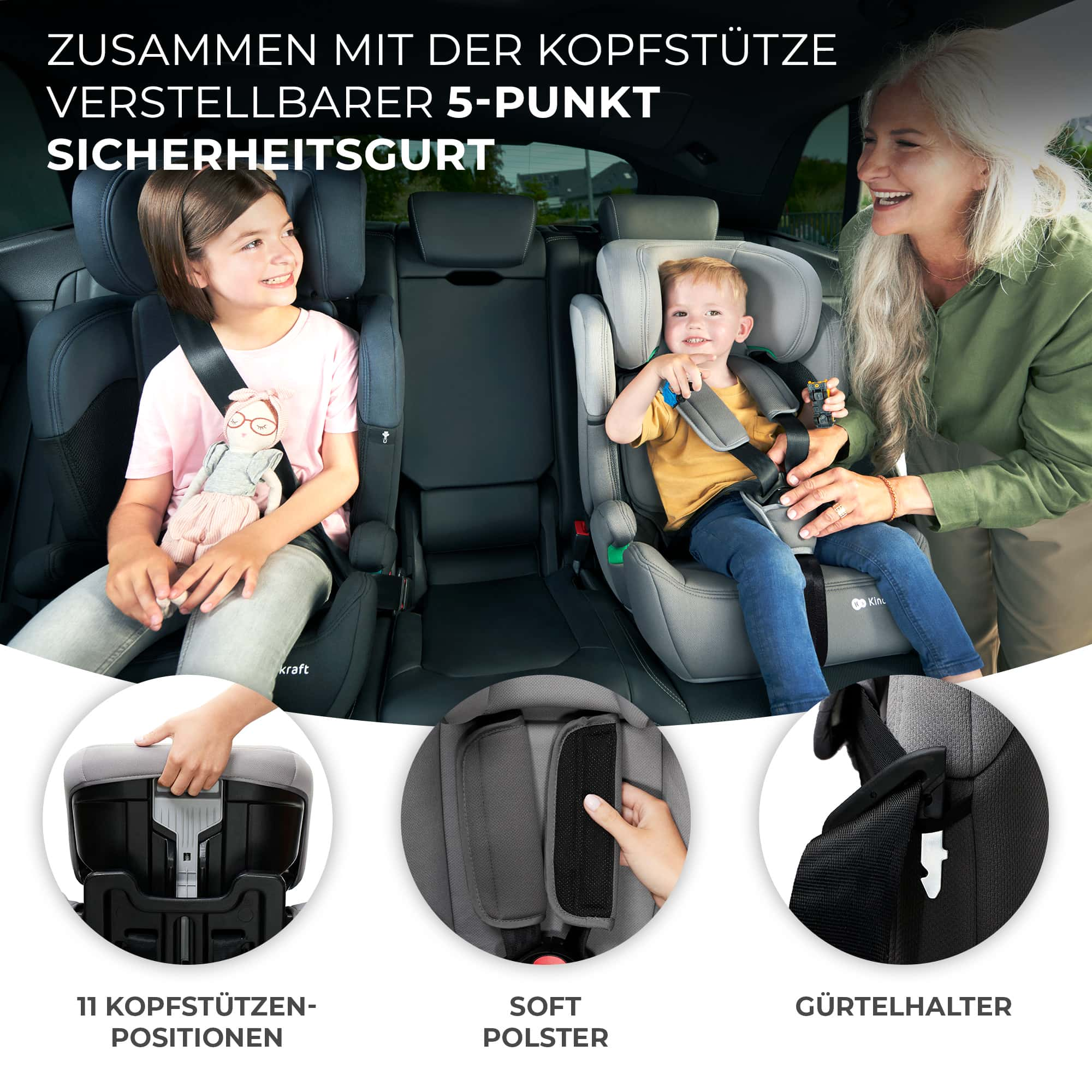 Frau mit zwei Kindern in Kindersitzen im Auto, mit Detailansichten.