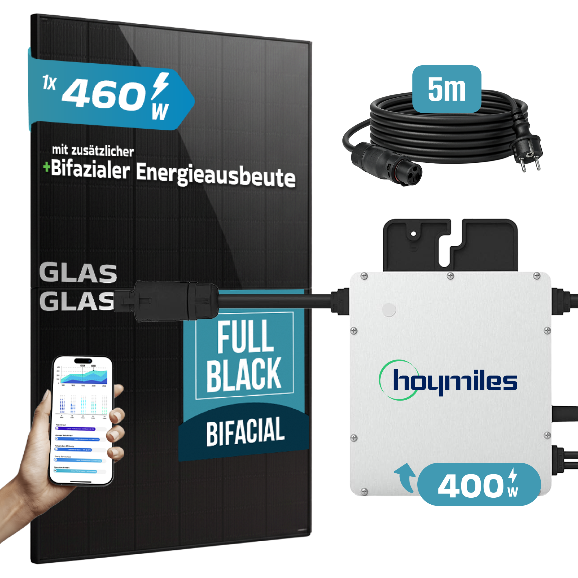 Solarpanel mit 460W, Hoymiles Wechselrichter mit 400W und 5m Kabel.