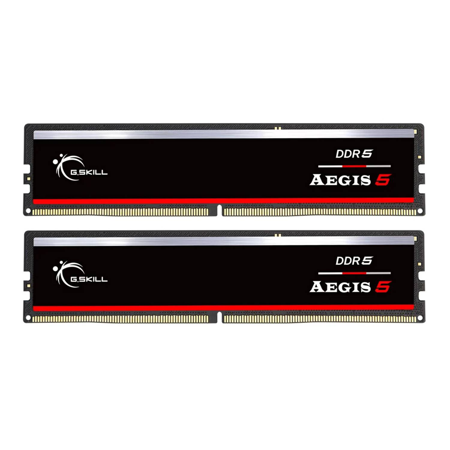 Dwa moduły RAM G.Skill AEGIS 5 DDR5 na białym tle.