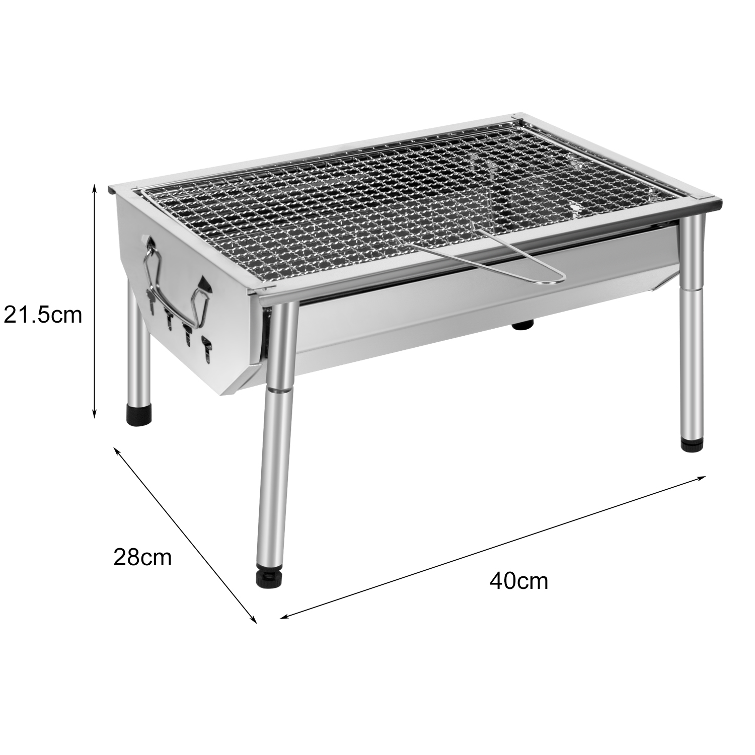 Ein silberner Grill mit Beinen und Maßen 40x28x21,5cm.