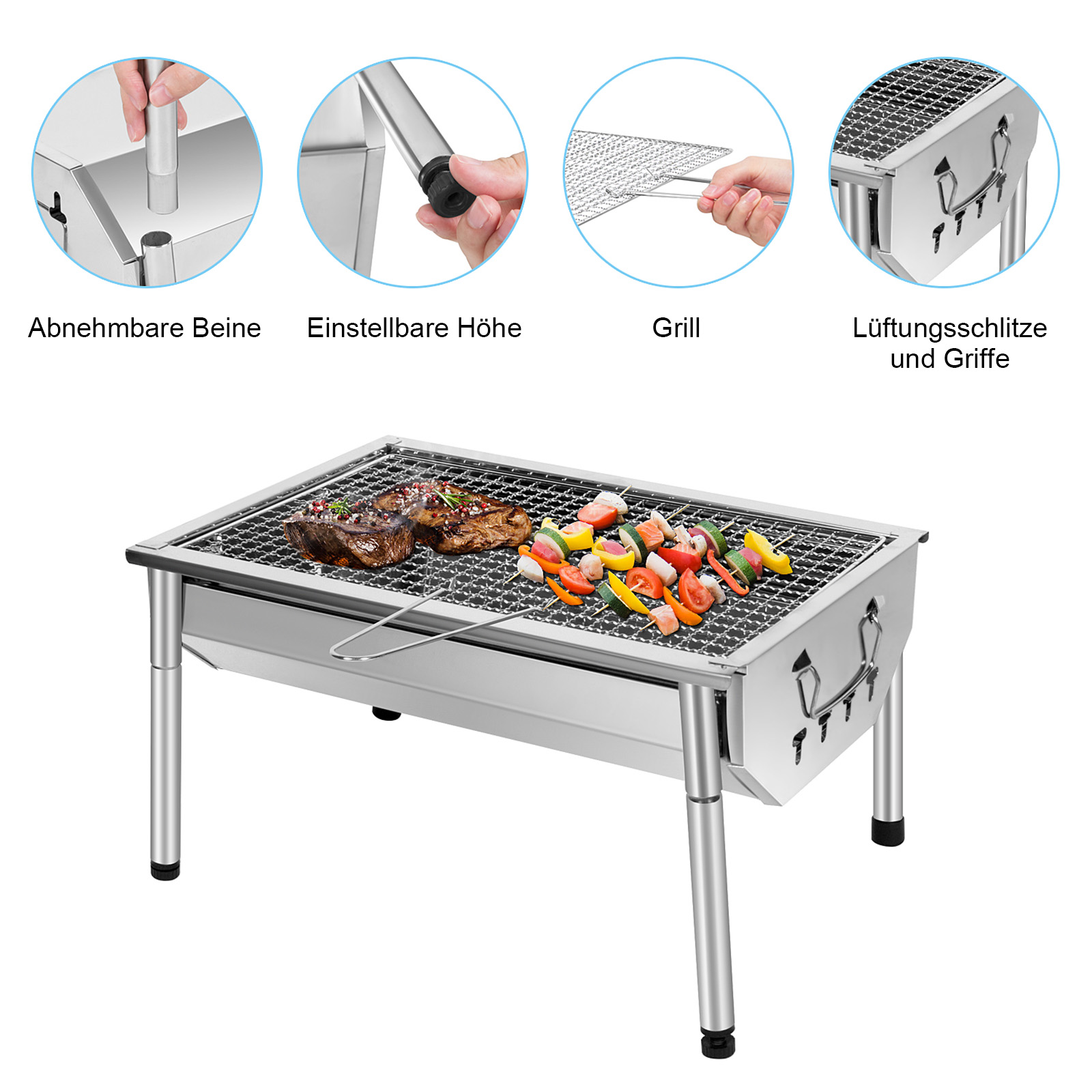 Ein Metallgrill mit Fleisch und Gemüsespießen. Abnehmbare Beine.