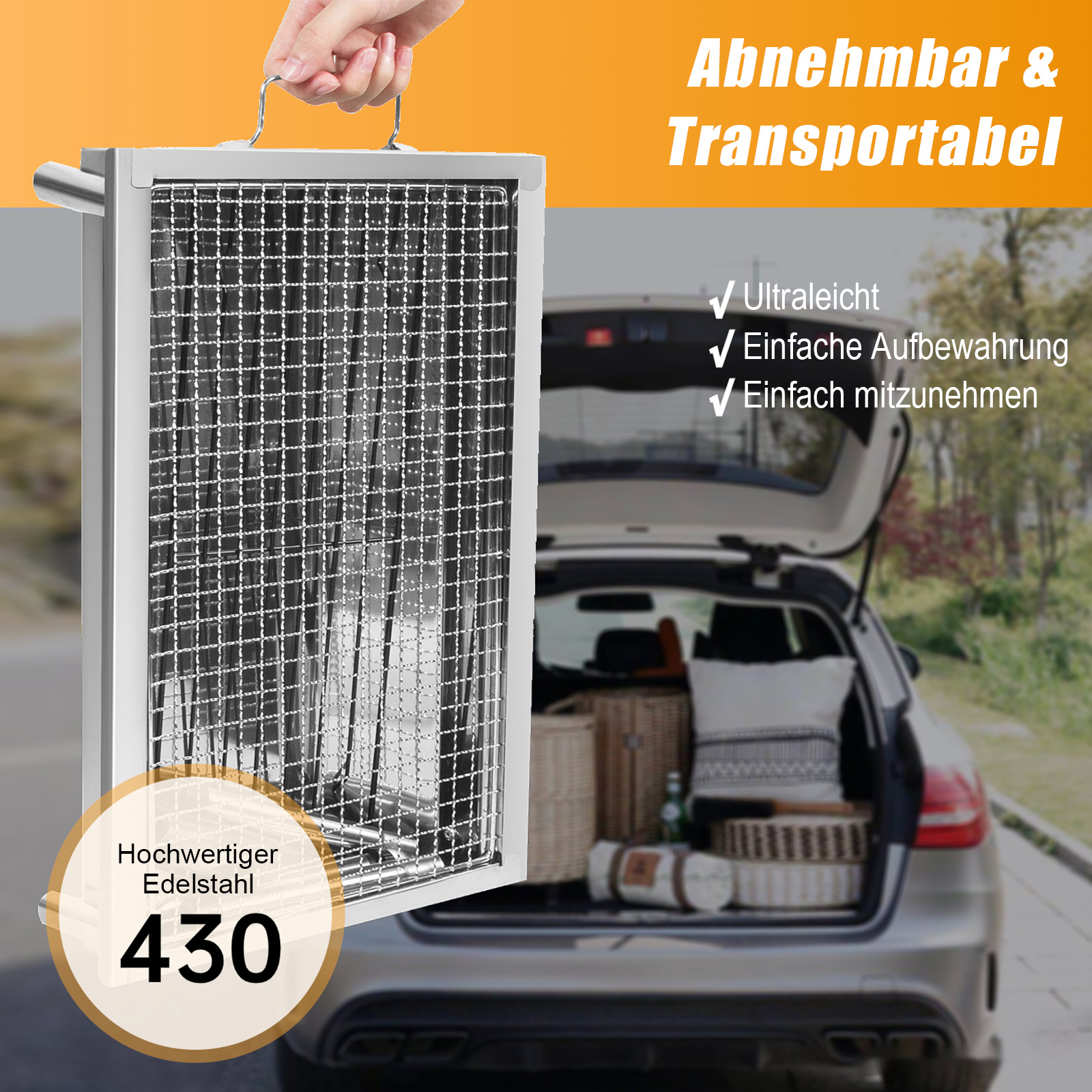 Ein tragbarer Grill aus Edelstahl wird neben einem Auto mit geöffnetem Kofferraum gezeigt.
