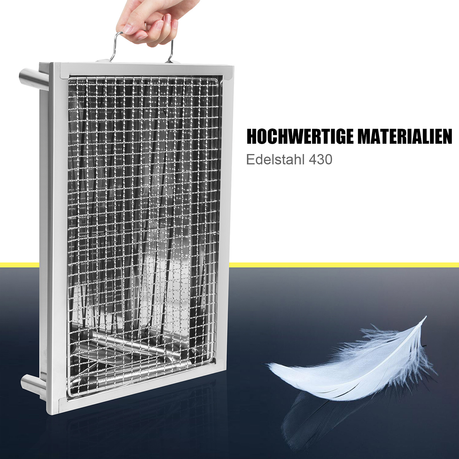 Ein tragbarer Grill aus Edelstahl 430 wird von einer Hand gehalten.