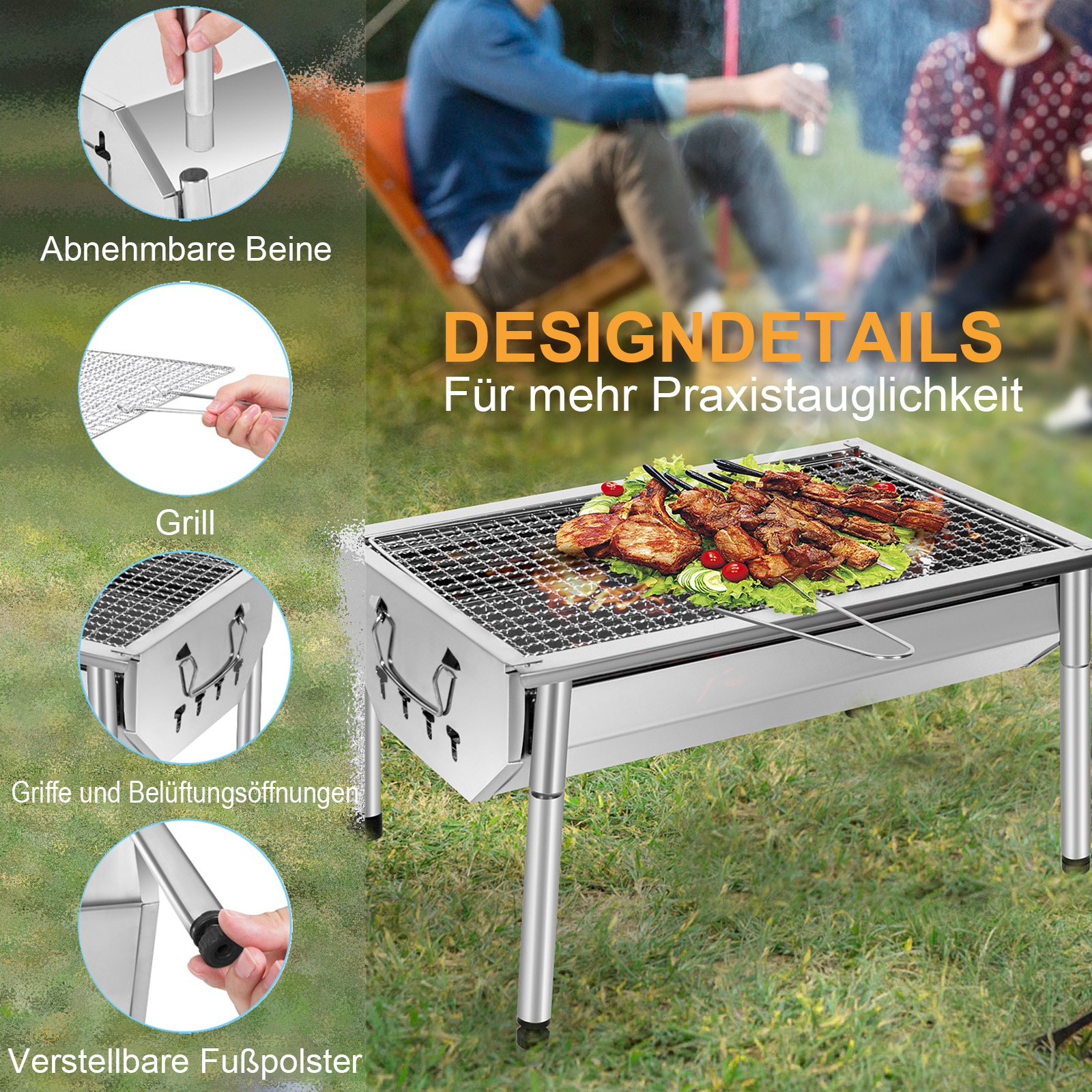 Ein Grill mit Fleisch und Gemüse, im Freien aufgestellt, mit Details zur Konstruktion.
