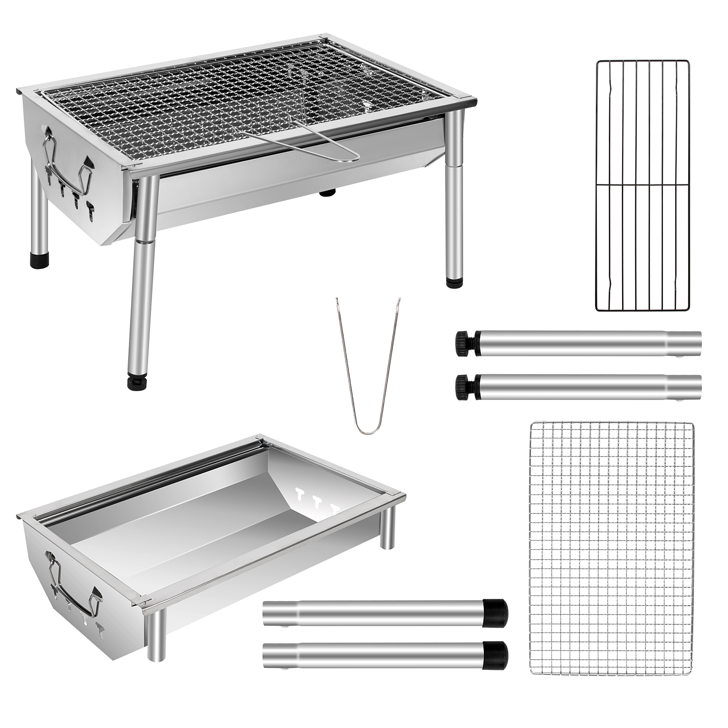 Ein silberner Grill mit vier Beinen, einem Rost und Zubehör.