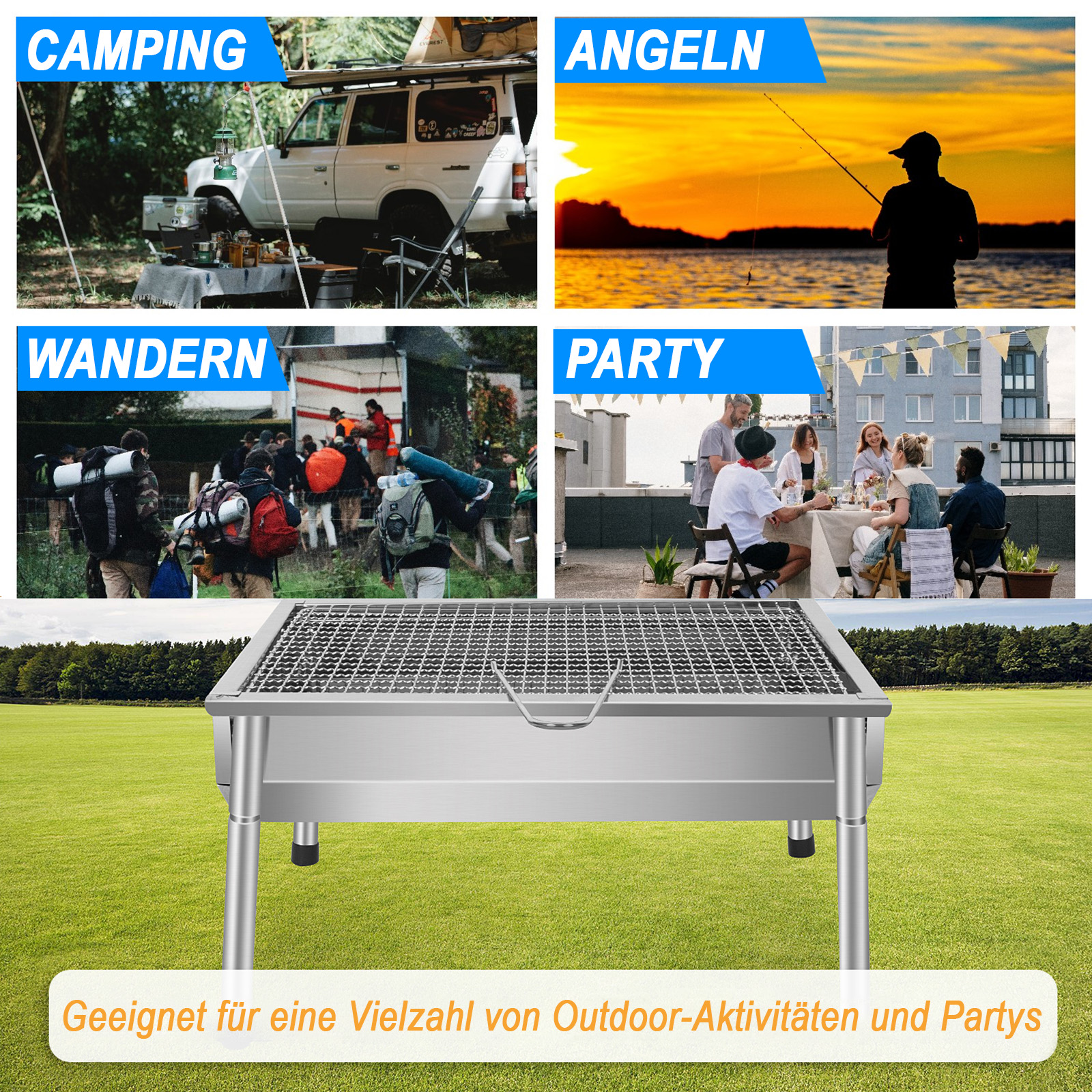 Grill im Freien, mit Collagen von Camping, Angeln, Wandern und Party.