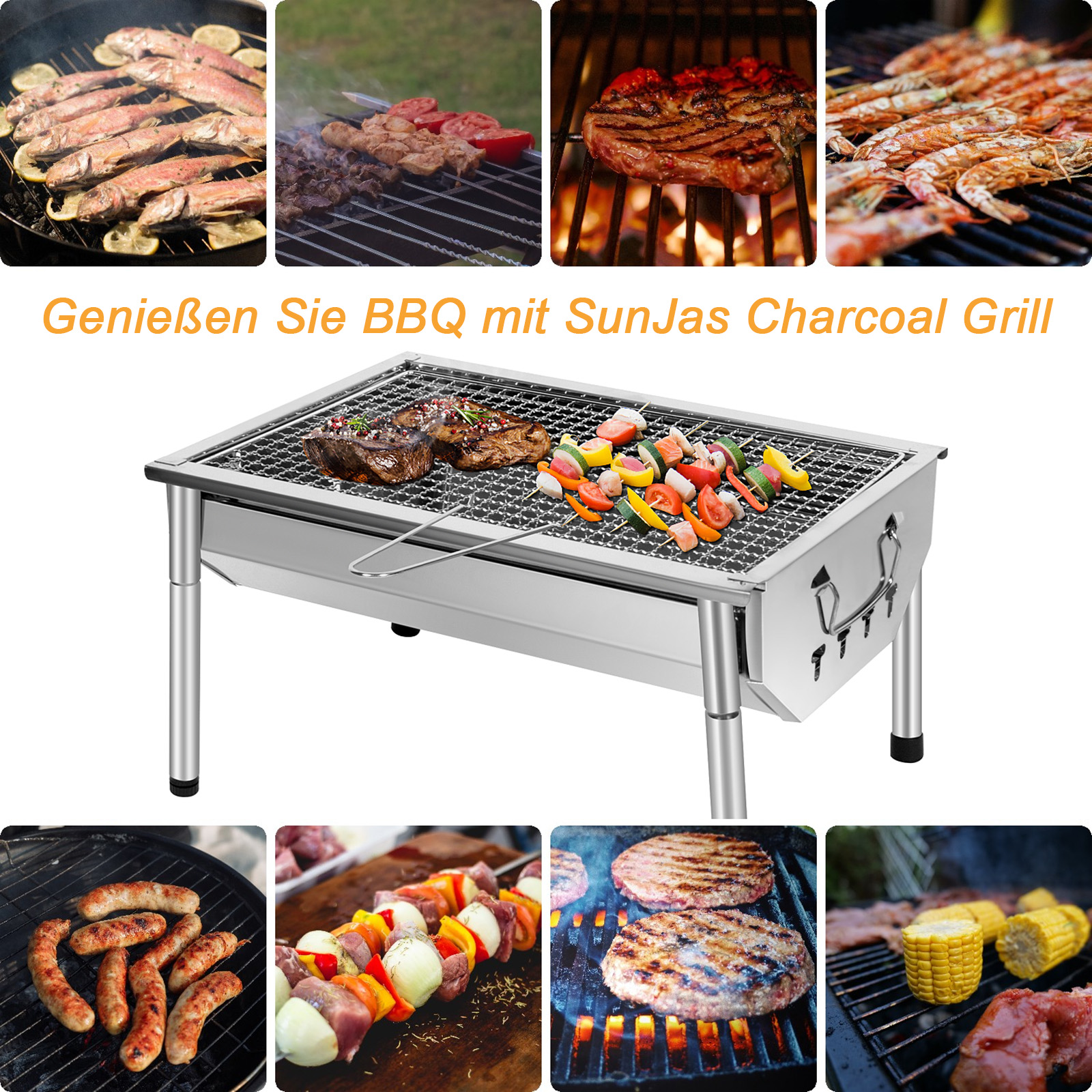 Mehrere Grillgerichte wie Fisch, Fleischspieße, Steaks, Garnelen und Maiskolben.