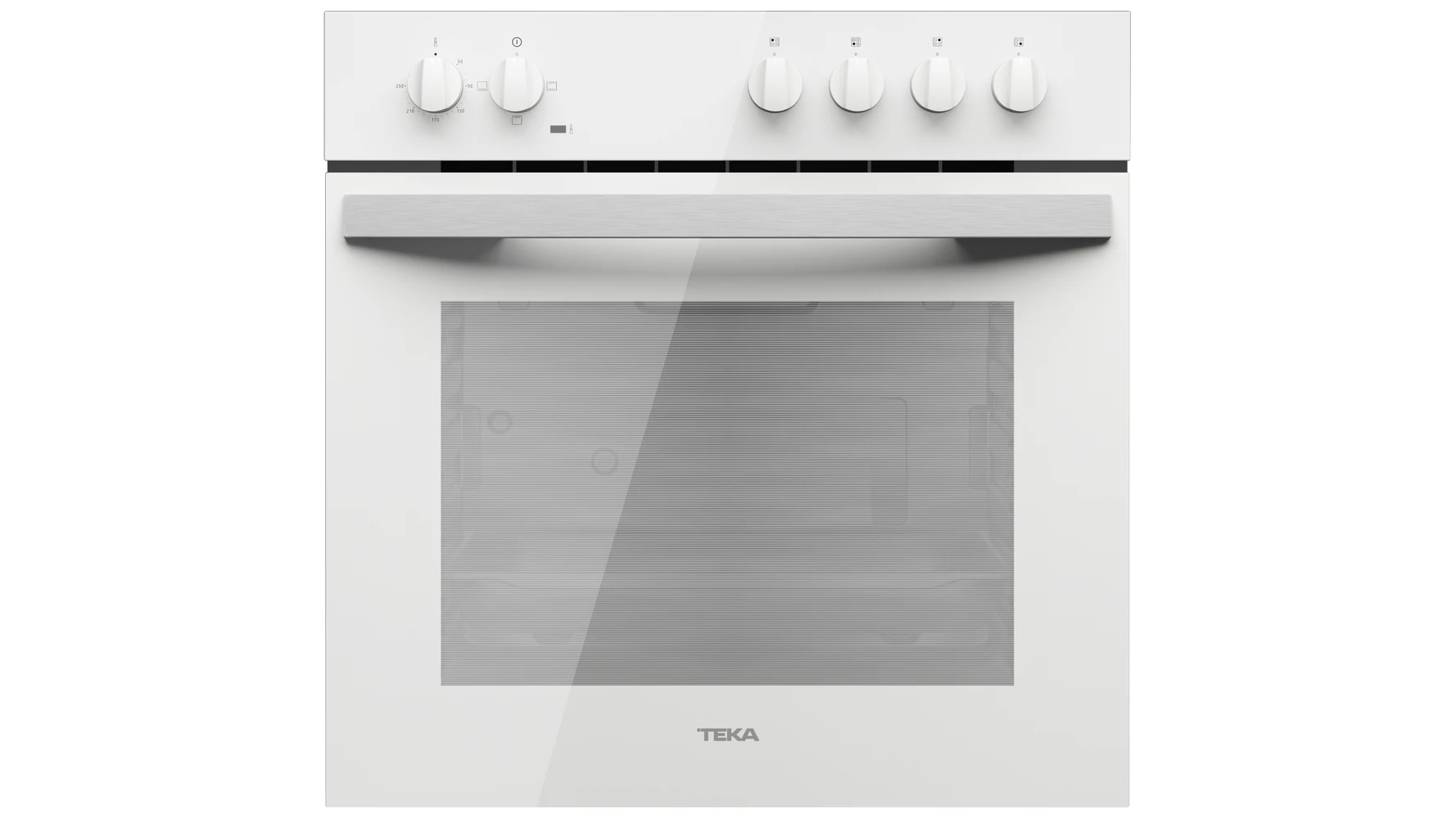 Un horno empotrado blanco con tirador plateado y puerta de cristal. Cuatro mandos arriba.