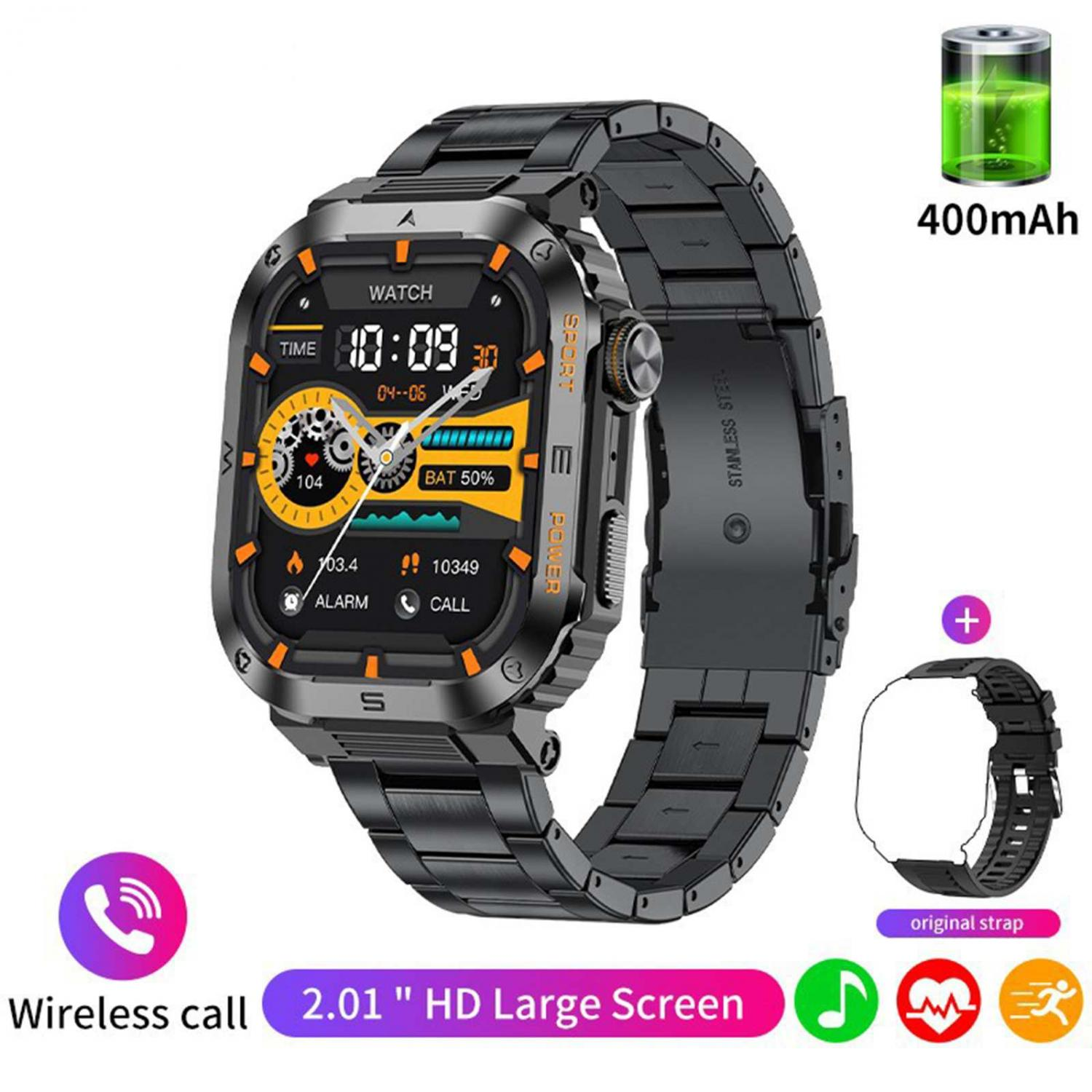 Smartwatch mit schwarzem Metallarmband, Digitalanzeige mit Uhrzeit, Akku und Anruf-/Alarm-Symbolen.