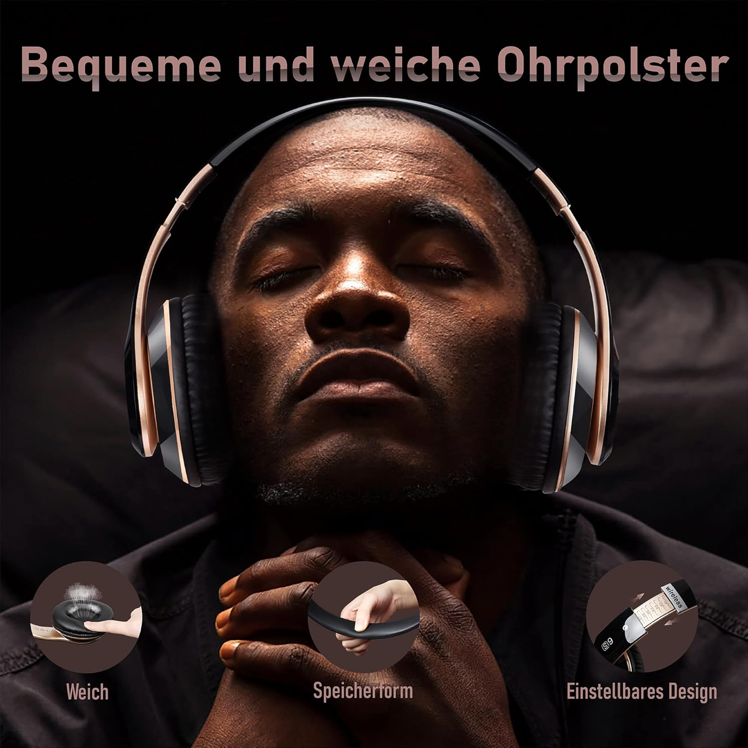 Mann mit geschlossenen Augen trägt Kopfhörer; Details zeigen weiche Ohrpolster.