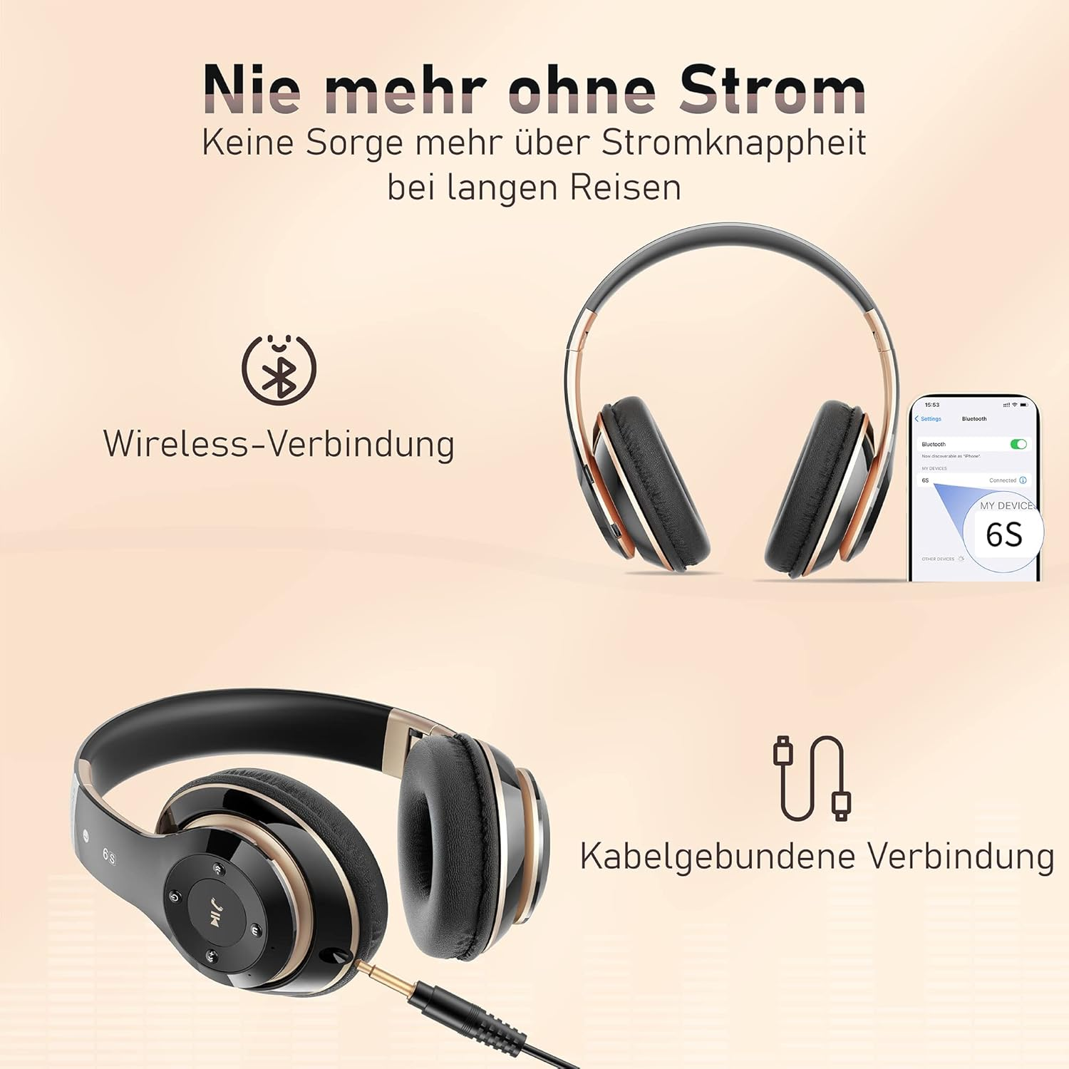Schwarze Kopfhörer mit Goldakzenten, drahtlos mit Handy verbunden.