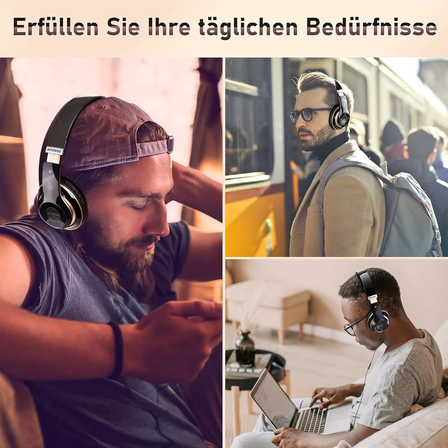 Drei Männer mit Kopfhörern: einer zu Hause, einer im Zug, einer am Laptop.