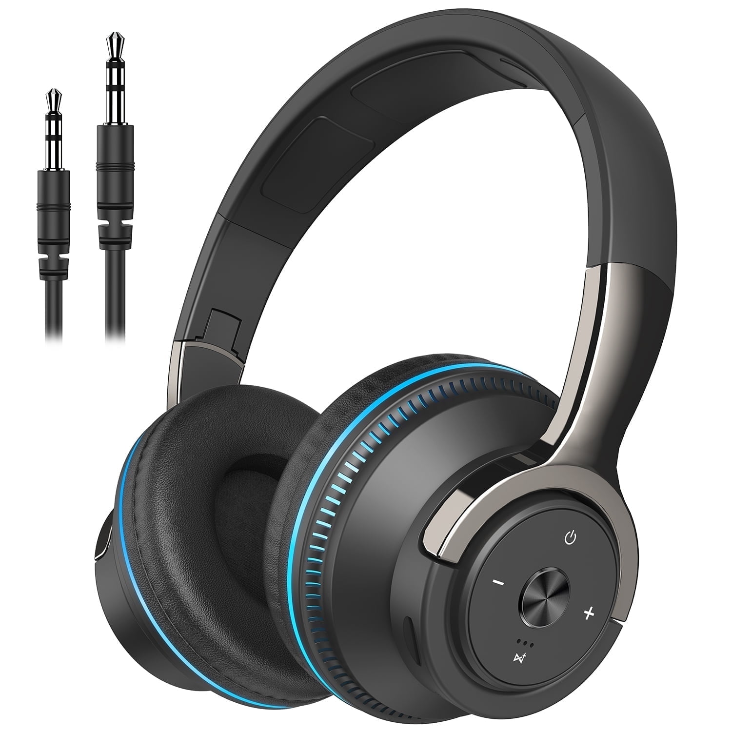 Schwarze Kopfhörer mit blauen Akzenten und zwei Audiokabeln.
