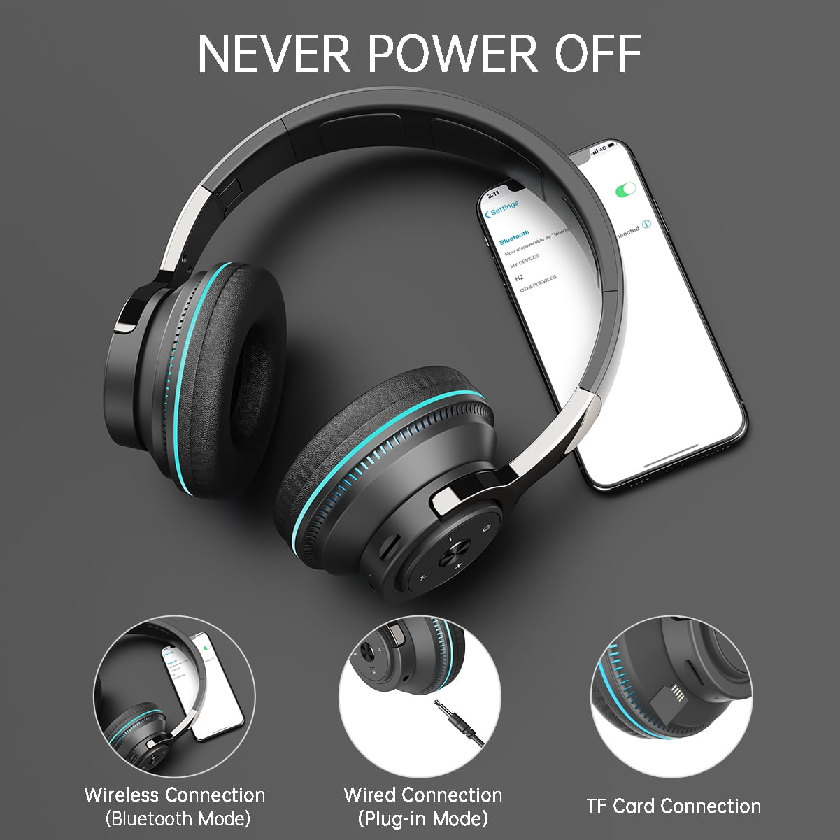 Schwarze Kopfhörer mit blauen Akzenten und einem Smartphone, das Bluetooth zeigt.