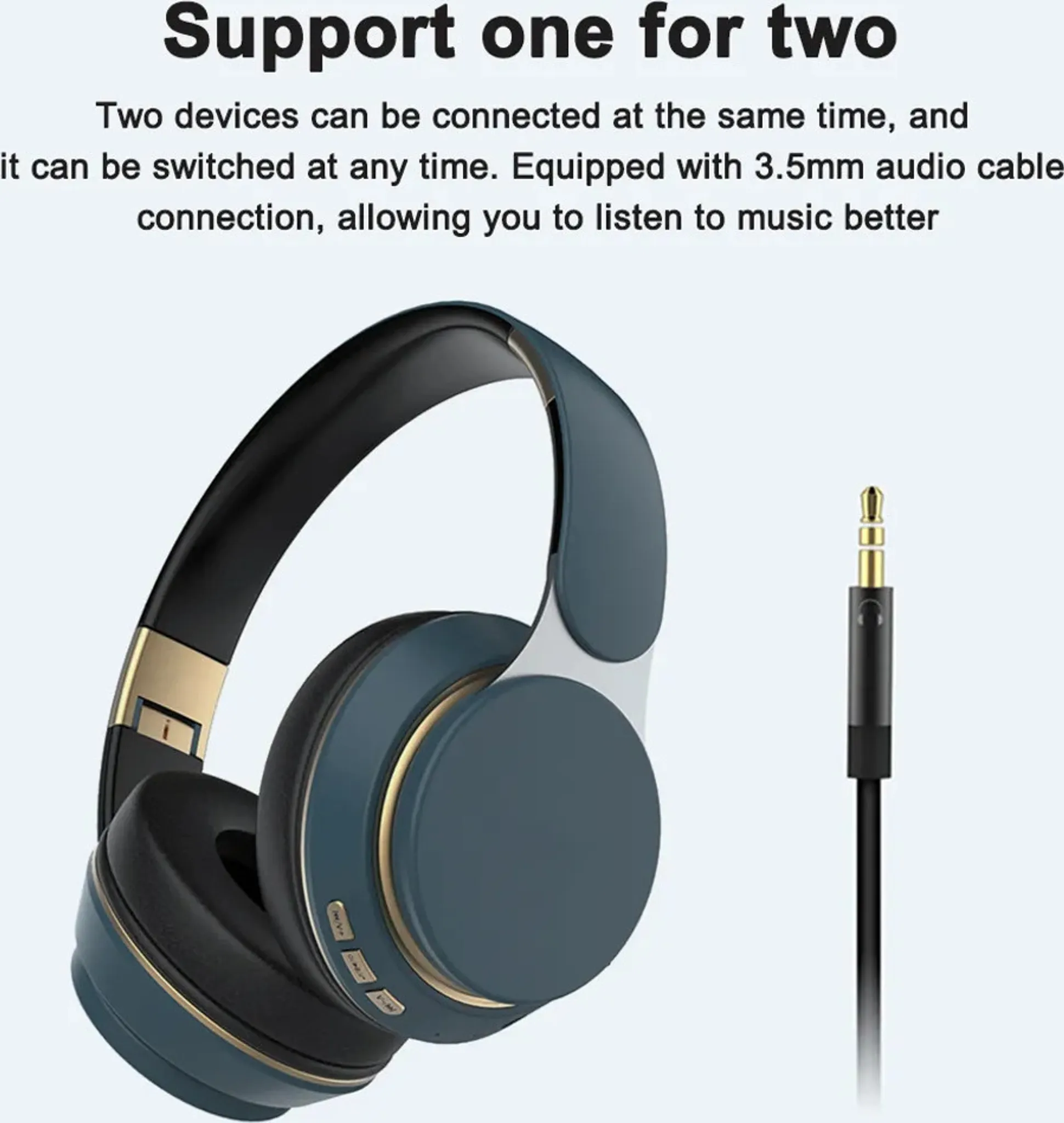 Blaues Headset mit Goldakzenten und 3,5-mm-Audioanschlusskabel.