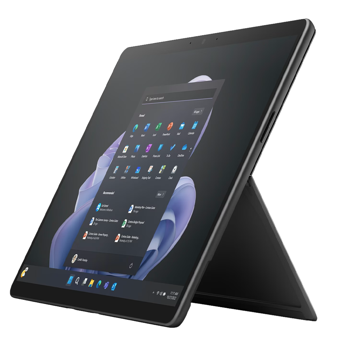 Une tablette noire avec un support, affichant l'interface Windows avec des icônes d'applications.