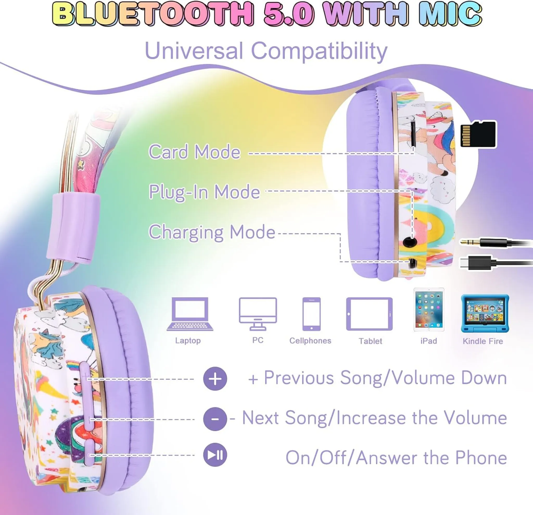Lila Kopfhörer mit Einhorn-Motiv, Bluetooth 5.0, verschiedene Modi.