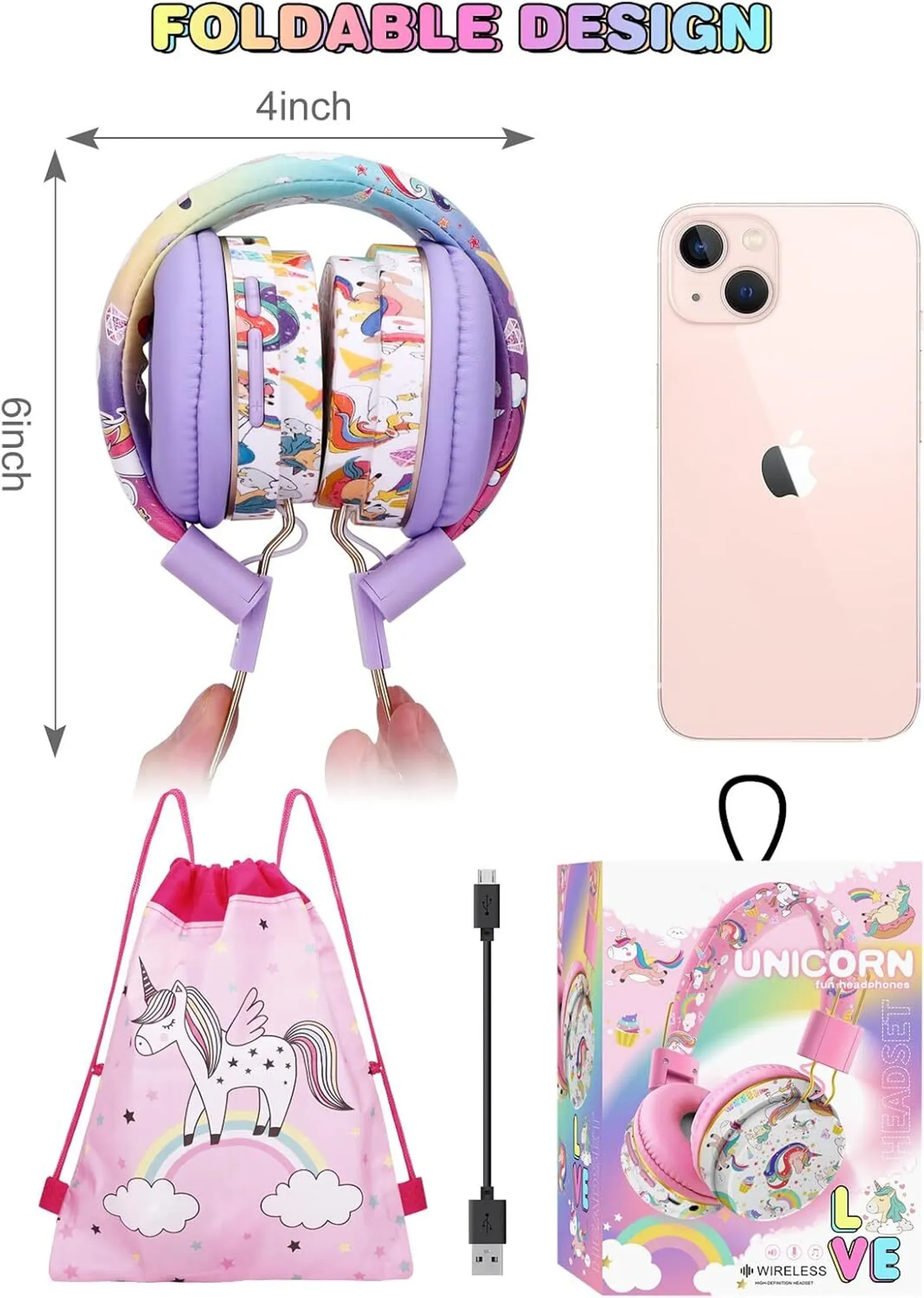 Lila Kopfhörer mit Einhorn-Design, neben einem rosa Handy, Tasche und Kabel.