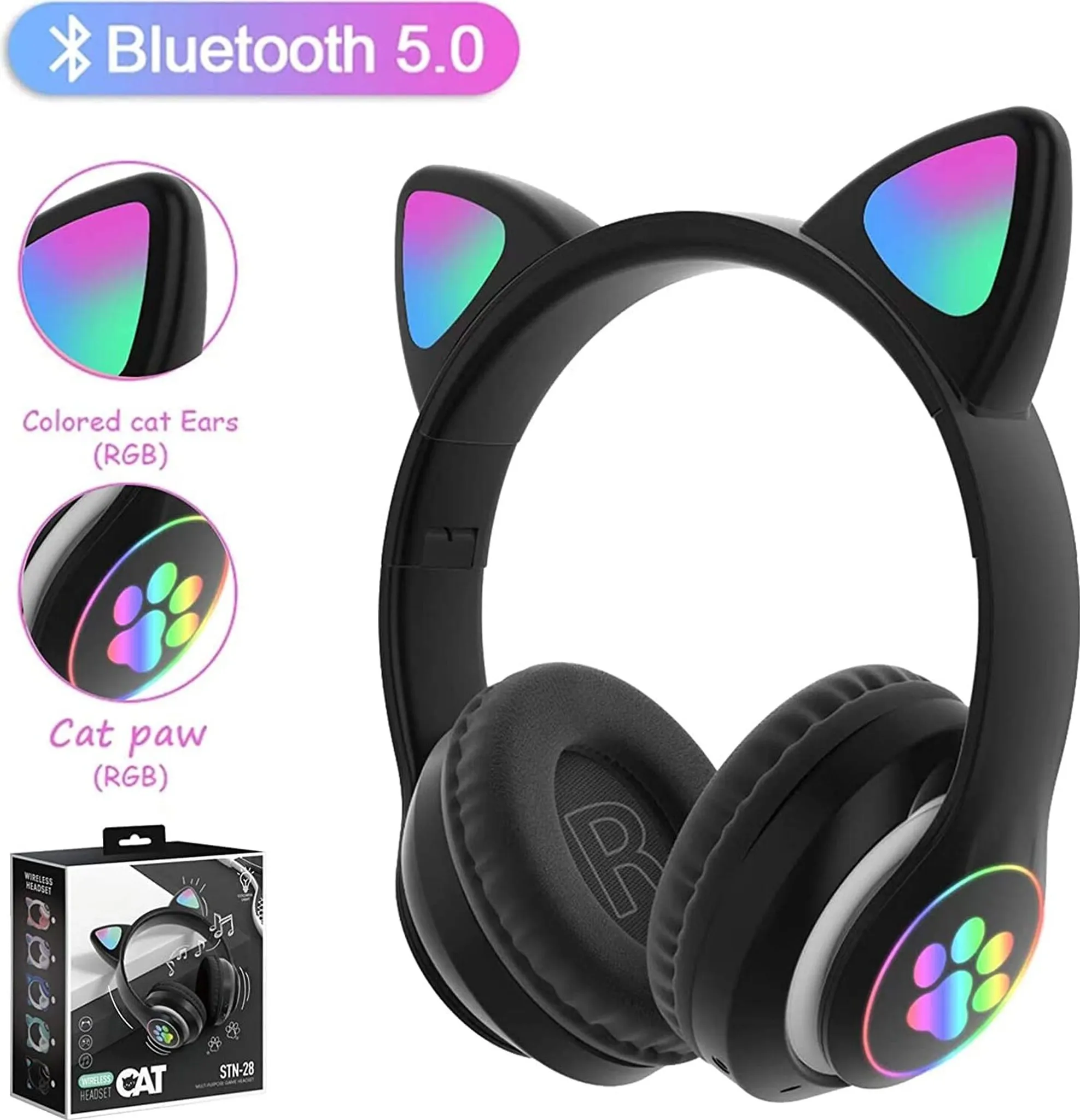 Schwarze Kopfhörer mit Katzenohren, RGB-Beleuchtung an Ohren und Pfotenlogo. Bluetooth 5.0.