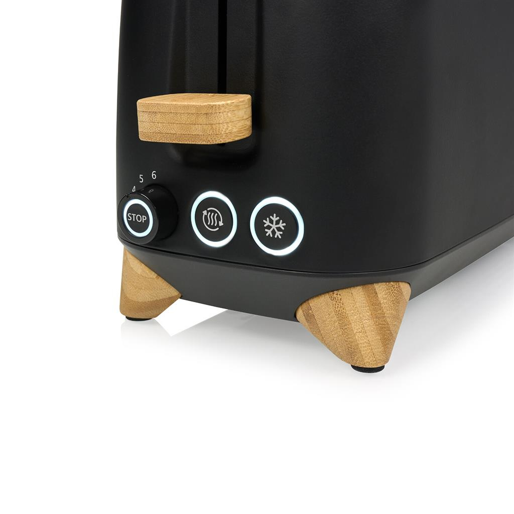 Schwarzer Toaster mit Holzdetails, Stopptaste und Symbolen.