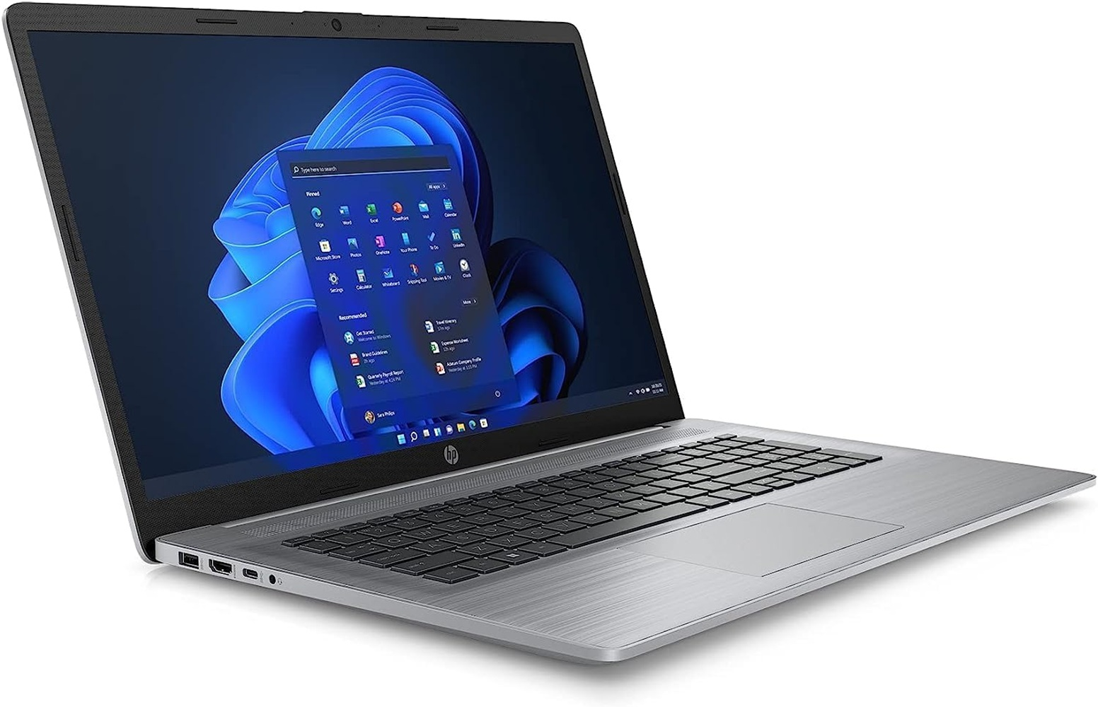 Ein silberner HP Laptop mit dunklem Bildschirm, der die Windows 11-Oberfläche und einen blauen abstrakten Hintergrund zeigt.