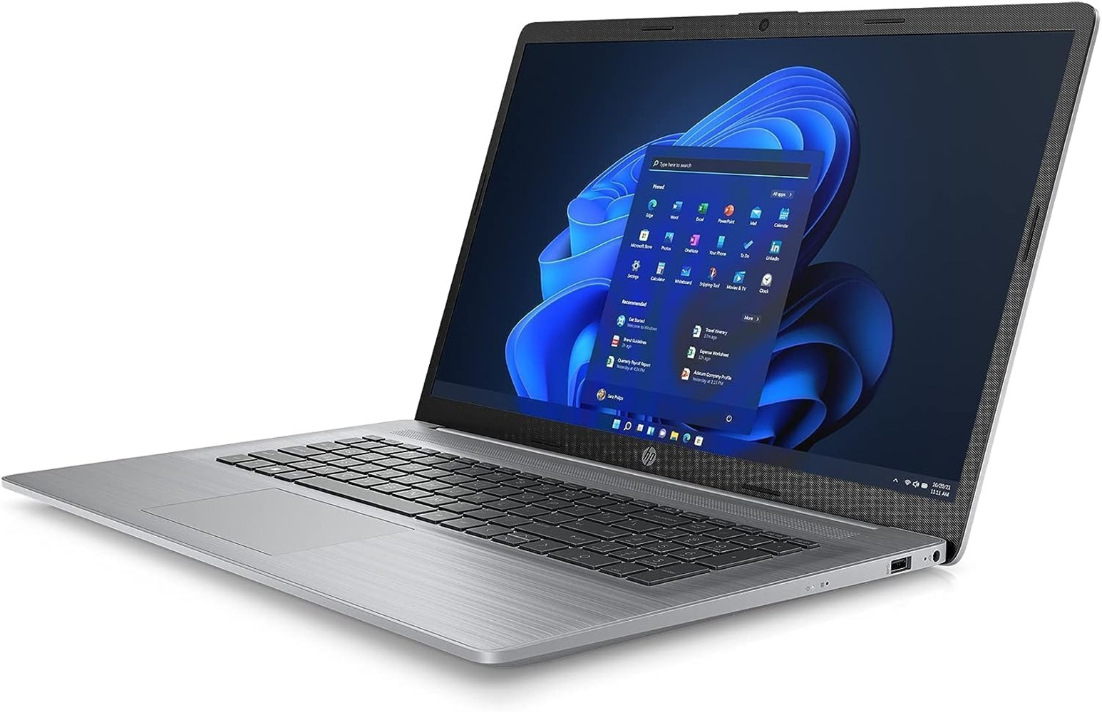 Ein silberner Laptop mit einem aufklappbaren Bildschirm, der Windows 11 anzeigt.