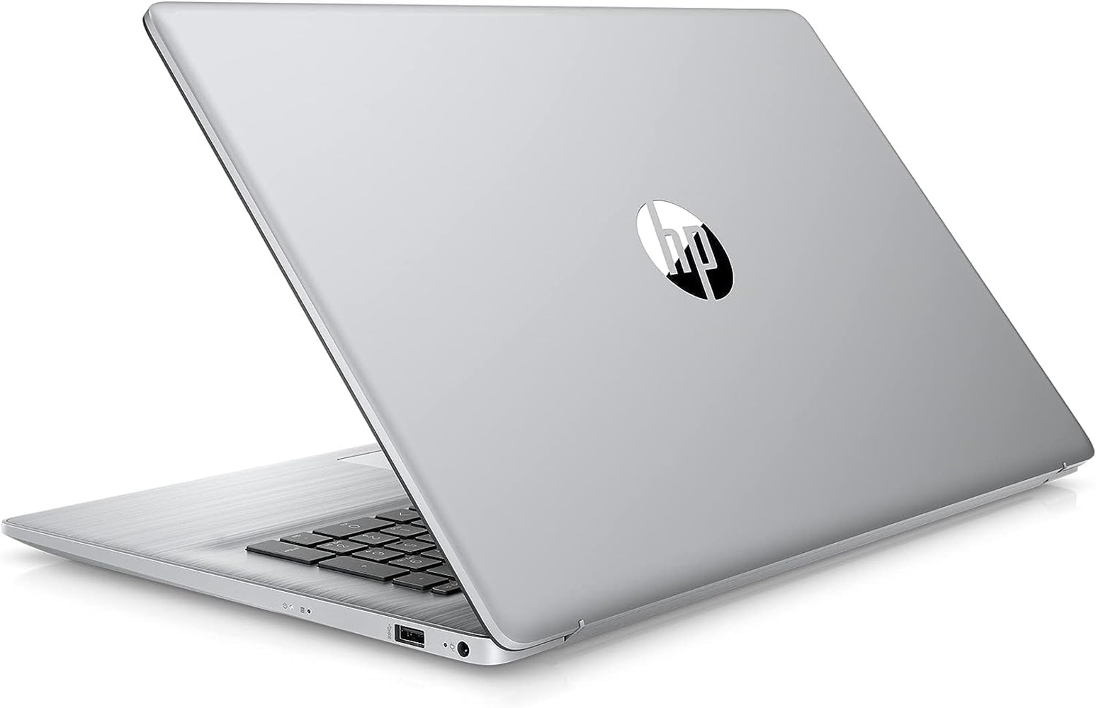 Silberner HP Laptop mit geöffnetem Bildschirm und Tastatur.