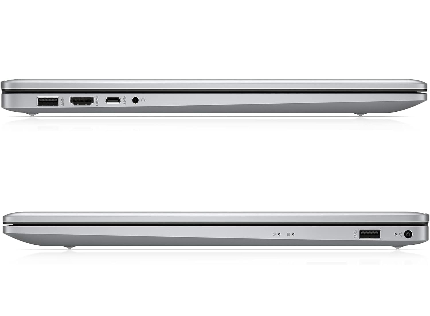 Silberner Laptop-Seite mit Anschlüssen: USB-A, HDMI, USB-C, Kopfhörerbuchse.