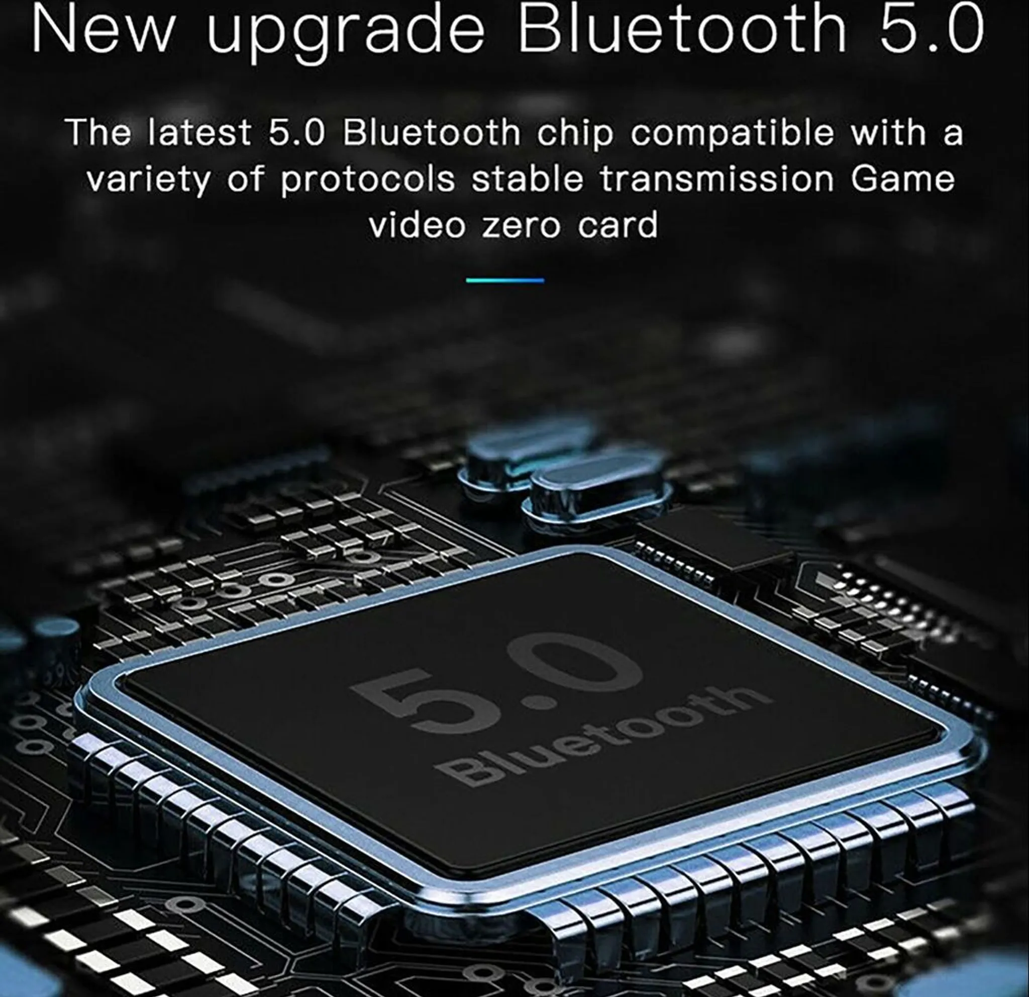 Nahaufnahme eines Bluetooth 5.0 Chips auf einer Leiterplatte mit Text.