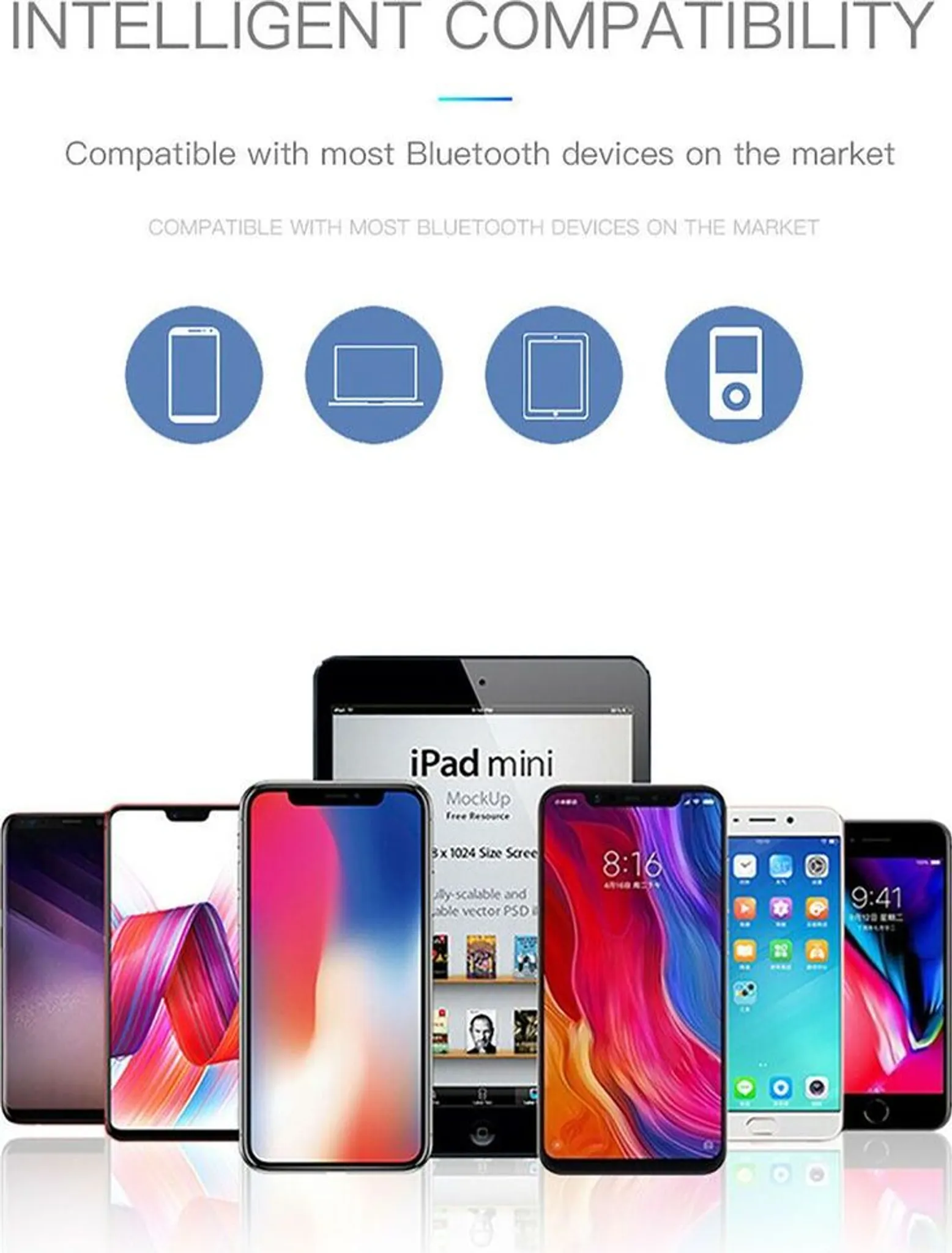 Verschiedene Smartphones, ein Tablet und ein MP3-Player werden gezeigt.