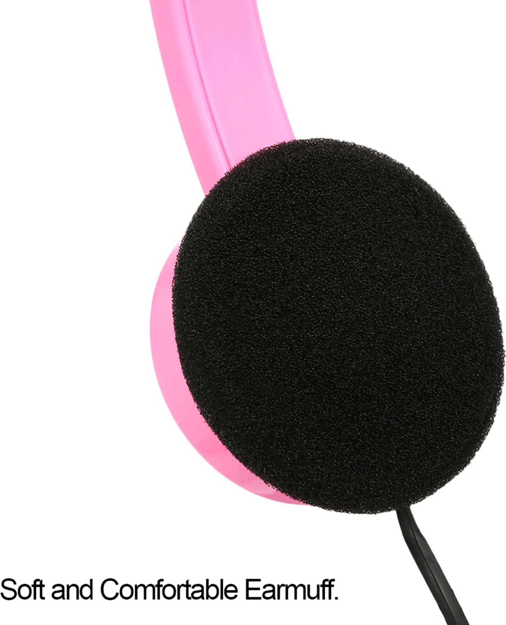 Ein pinker Kopfhörer mit schwarzem Ohrpolster und Kabel.