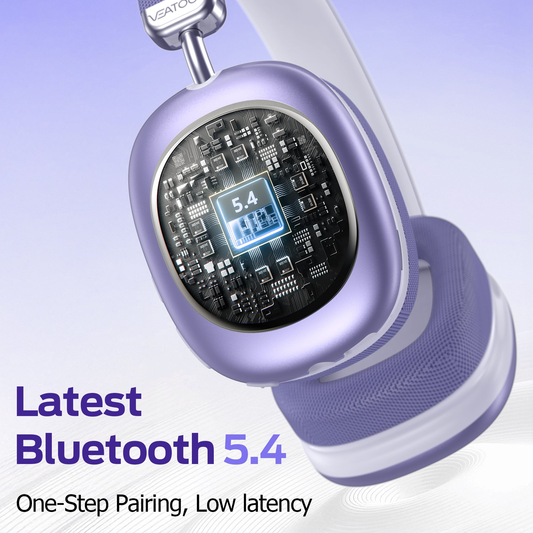Lila Kopfhörer mit Bluetooth 5.4 Chip und Textanzeige.