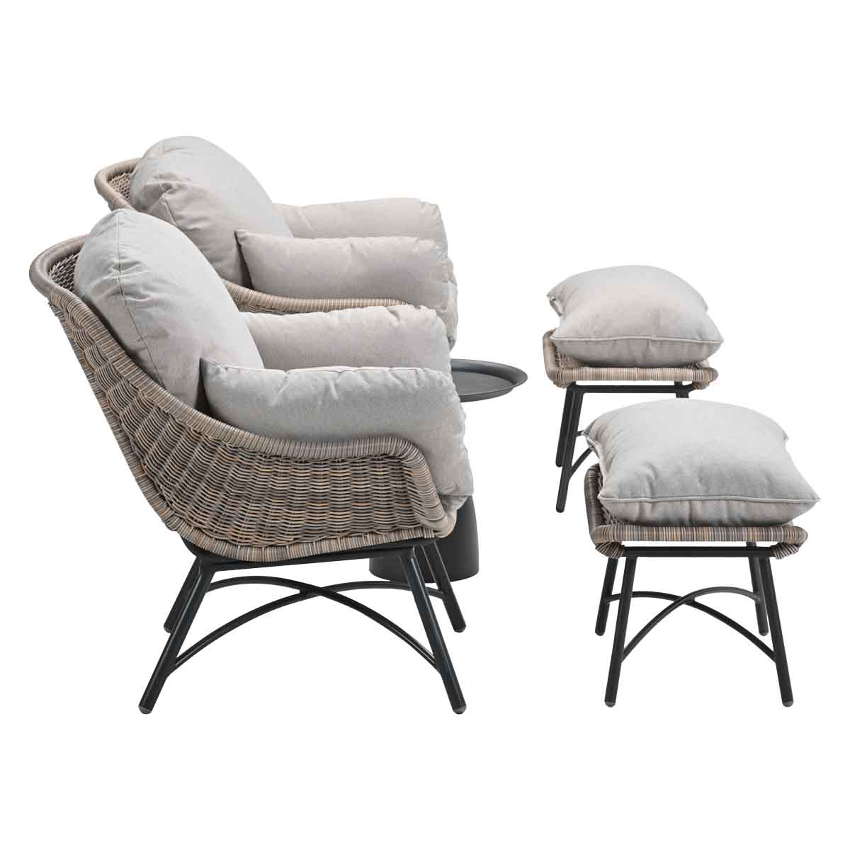 Woven chairs and stools with light grey cushions on a white background.