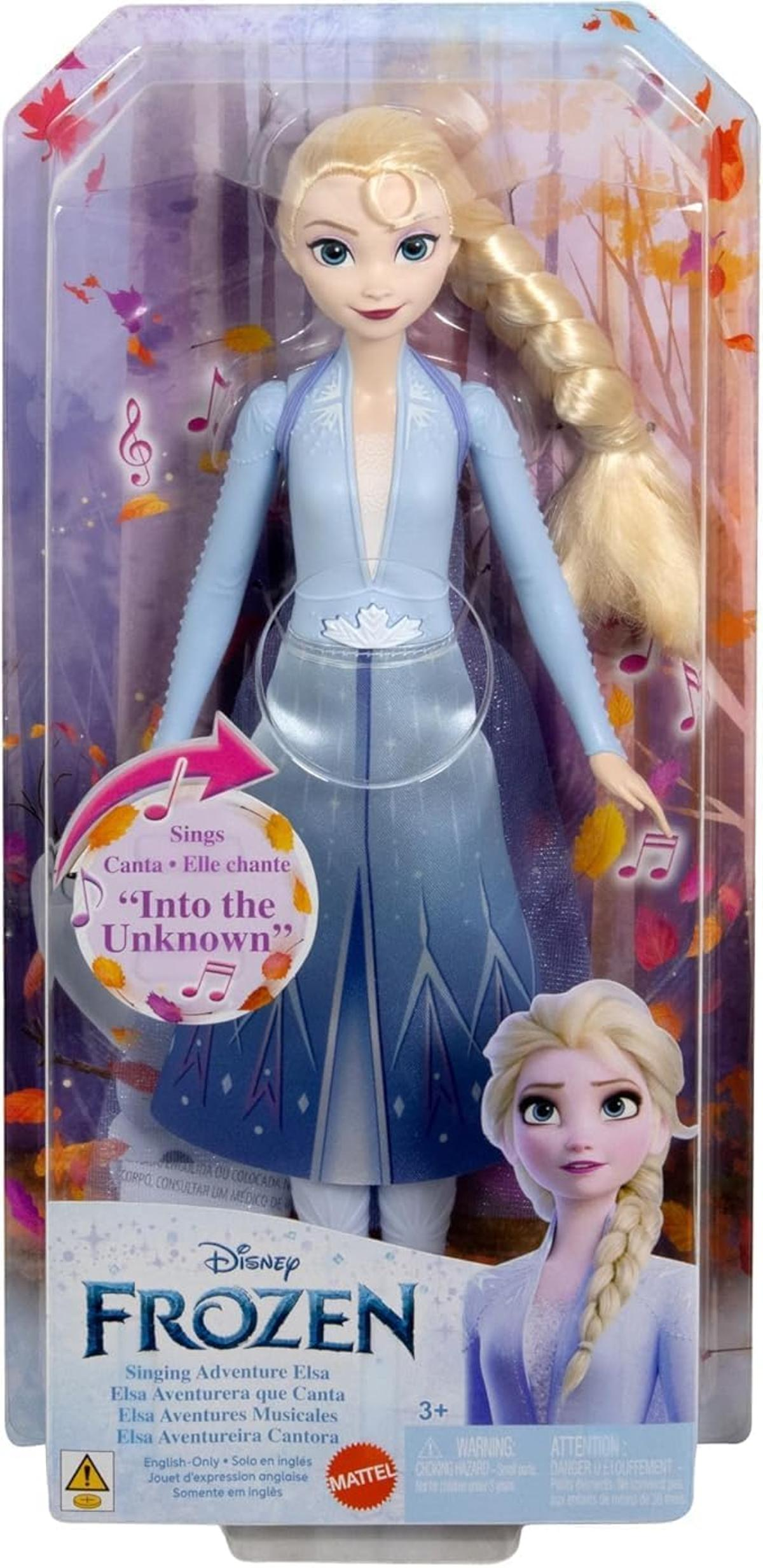 Elsa-Puppe aus "Die Eiskönigin" singt "Ins Unbekannte" in blauer Kleidung.