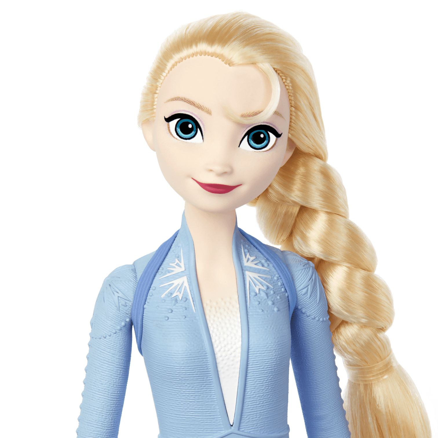 Elsa-Puppe mit blondem Zopf und blauem Kleid mit Schneeflockenmuster.