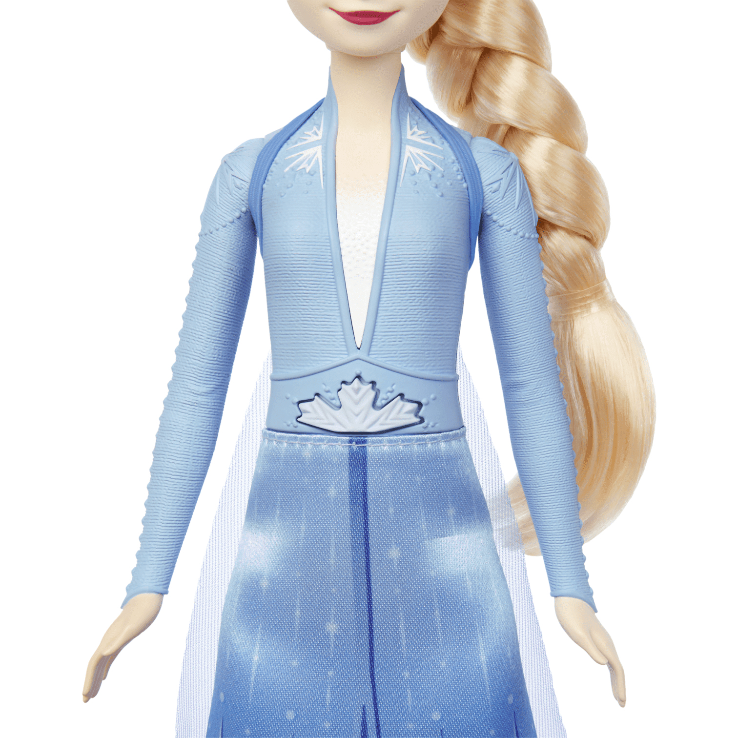 Elsa-Puppe in blauem Kleid mit Zopf und Schneeflockenmuster.