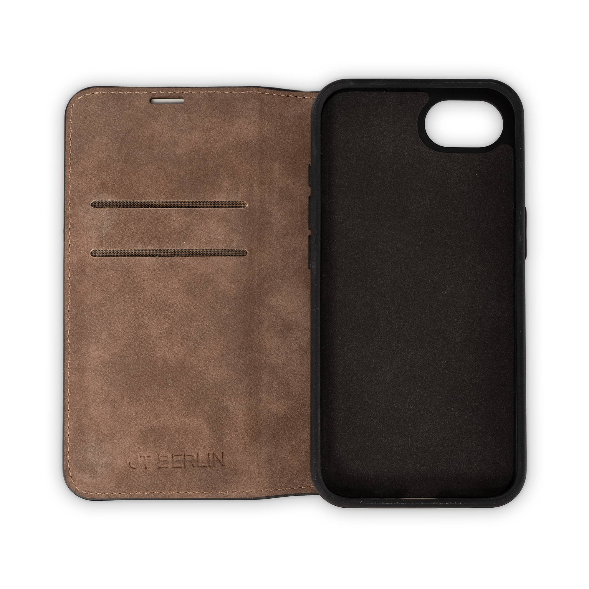 Braune Lederhülle mit Kartenschlitzen, offen neben schwarzem Handy-Case.